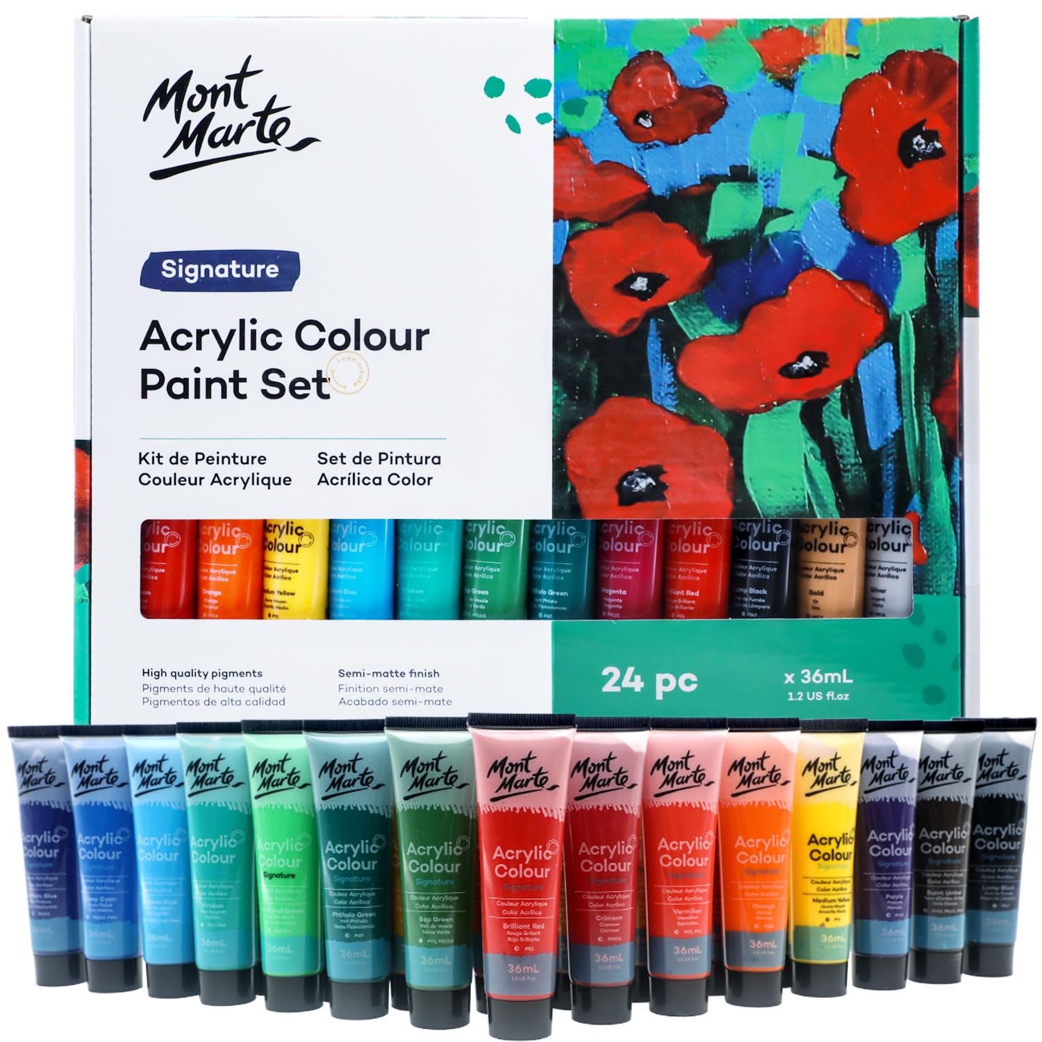 Mont Marte Acrylic Paint Set - 24 Vibrant Colours 36ml for Canvas & Art