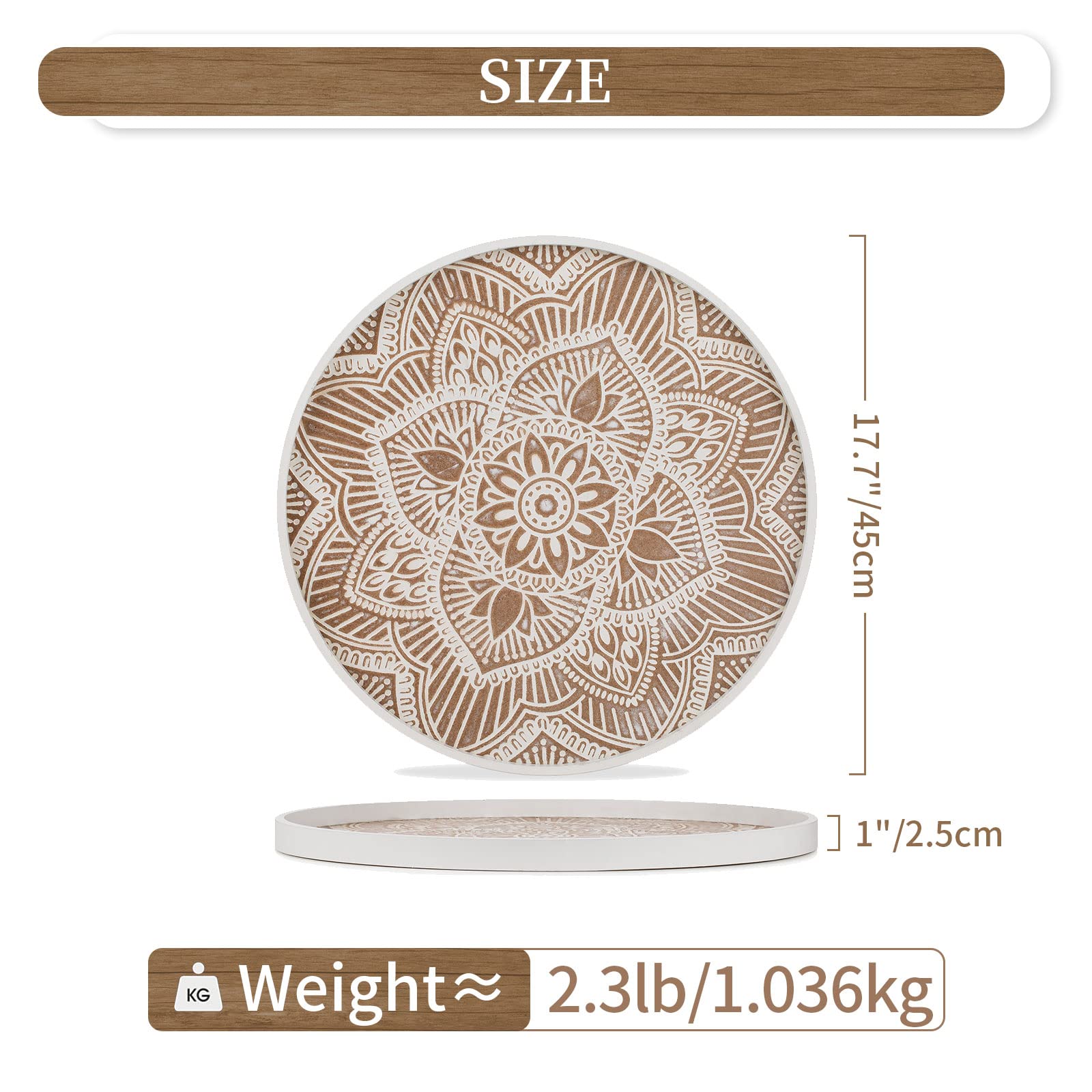 Hanobe 18" Round Wood Ottoman Tray – Rustic Floral Coffee Table Decor