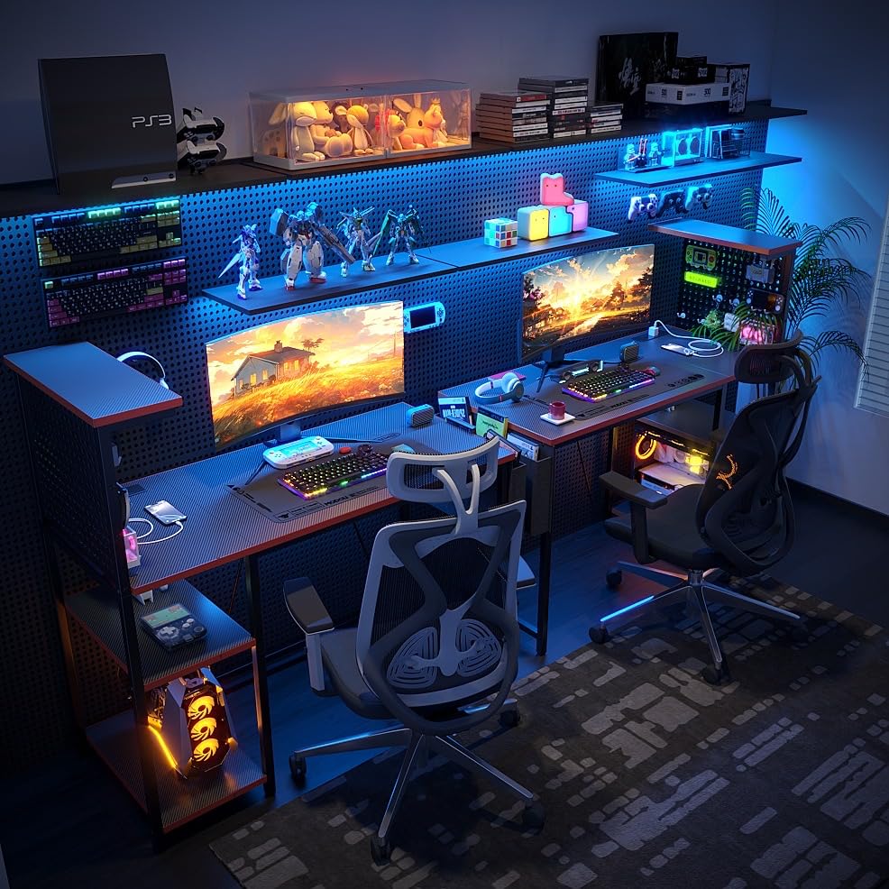 Xyphren Gaming Desk with Pegboard & Power Outlet & LED Light, Small Computer Desk with Reversible Shelves for Corner Home Office Desk, 140 * 50cm - image 2