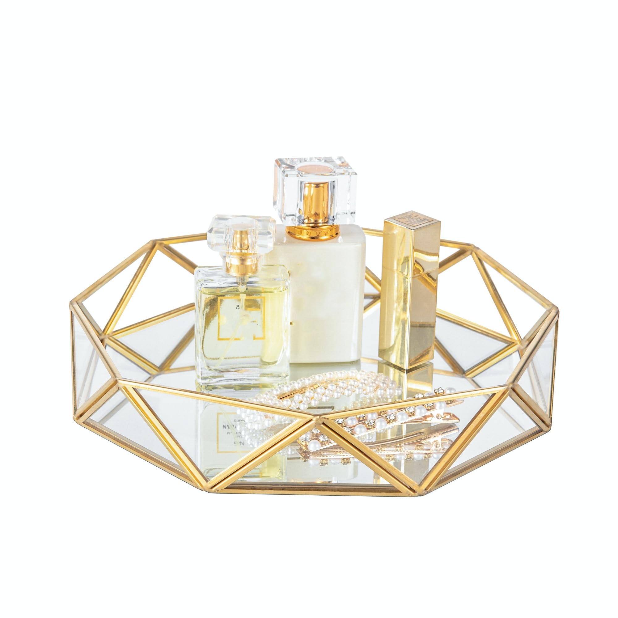 Feyarl Gold Mirrored Vanity Tray – 9.5" Glass Perfume & Jewelry Organizer