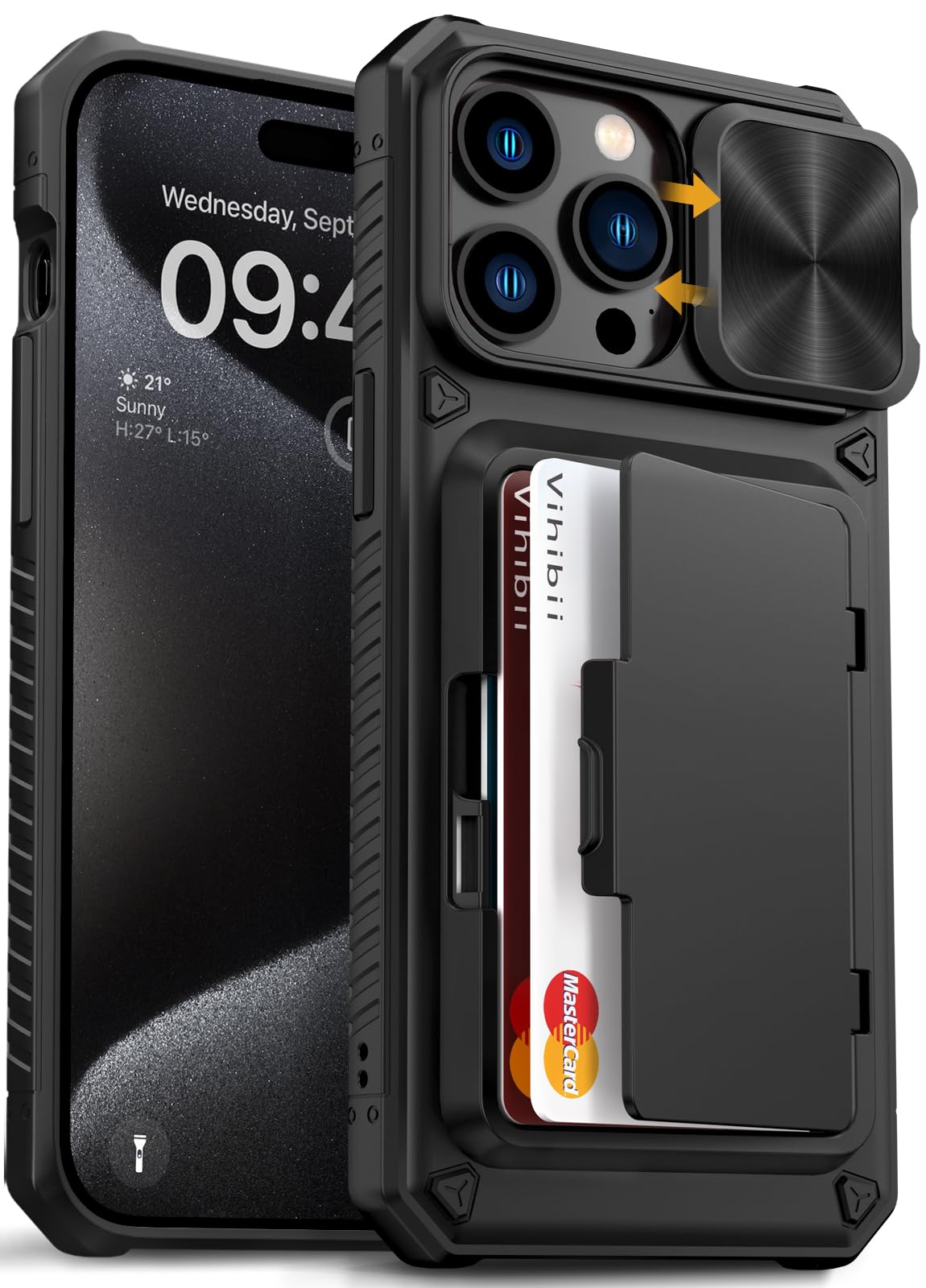 Vihibii iPhone 15 Pro Max Wallet Case with Camera Cover & Kickstand