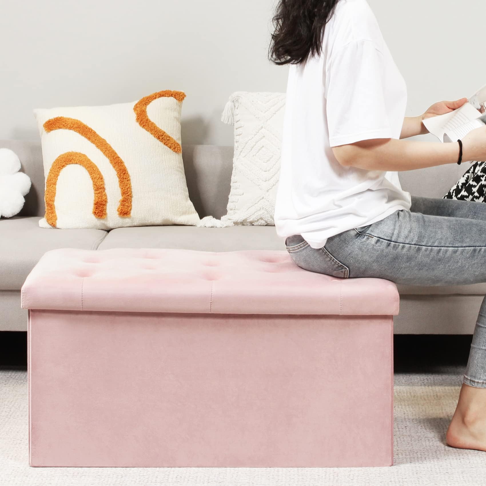 Bonlife Pink Velvet Folding Storage Ottoman Bench - 80cm Toy Chest Seat