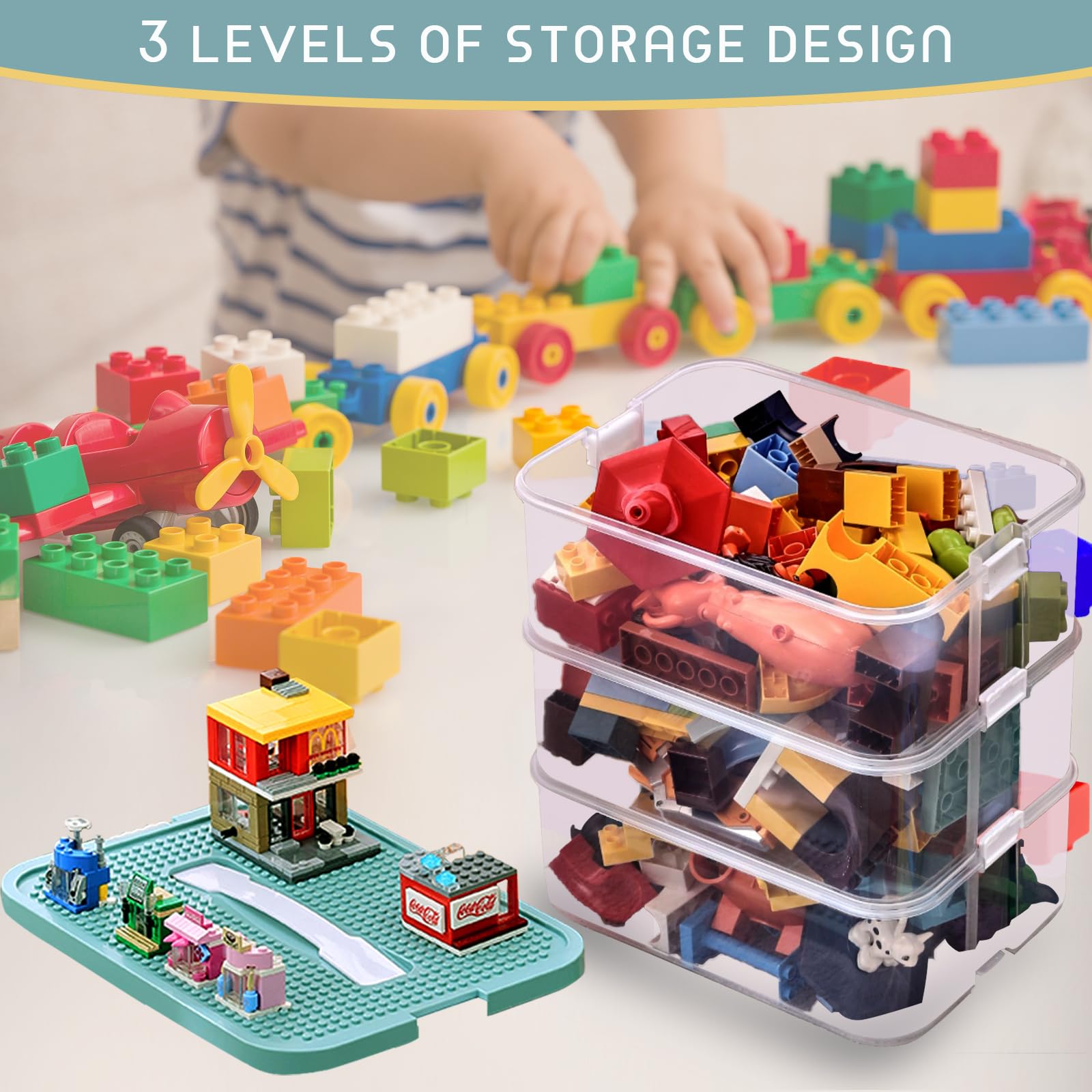 Jolof Store 3-Layer Stackable Toy Storage Box with Building Block Baseplate