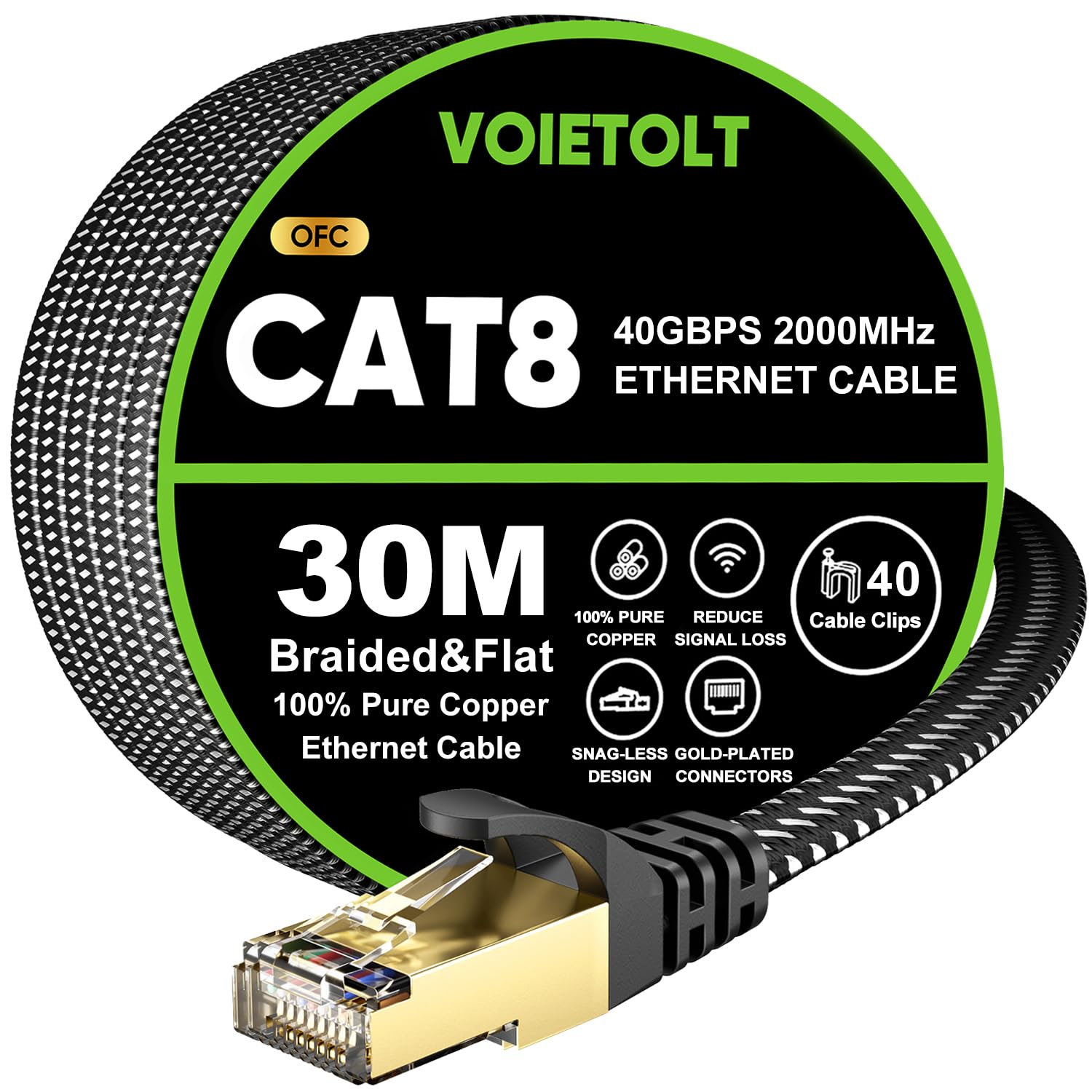 VOIETOLT Cat 8 Ethernet Cable 30M | 40Gbps Flat Braided Network Cable