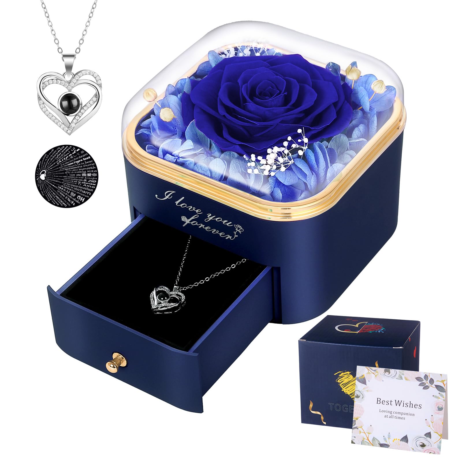 Firestyle Preserved Blue Real Rose with 100 Languages Love Necklace