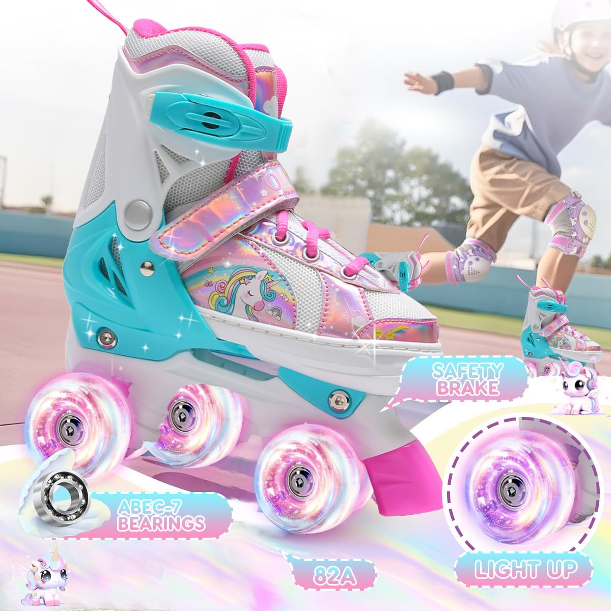 OLYSPM Kids Adjustable Quad Roller Skates with Flashing Wheels - Pink