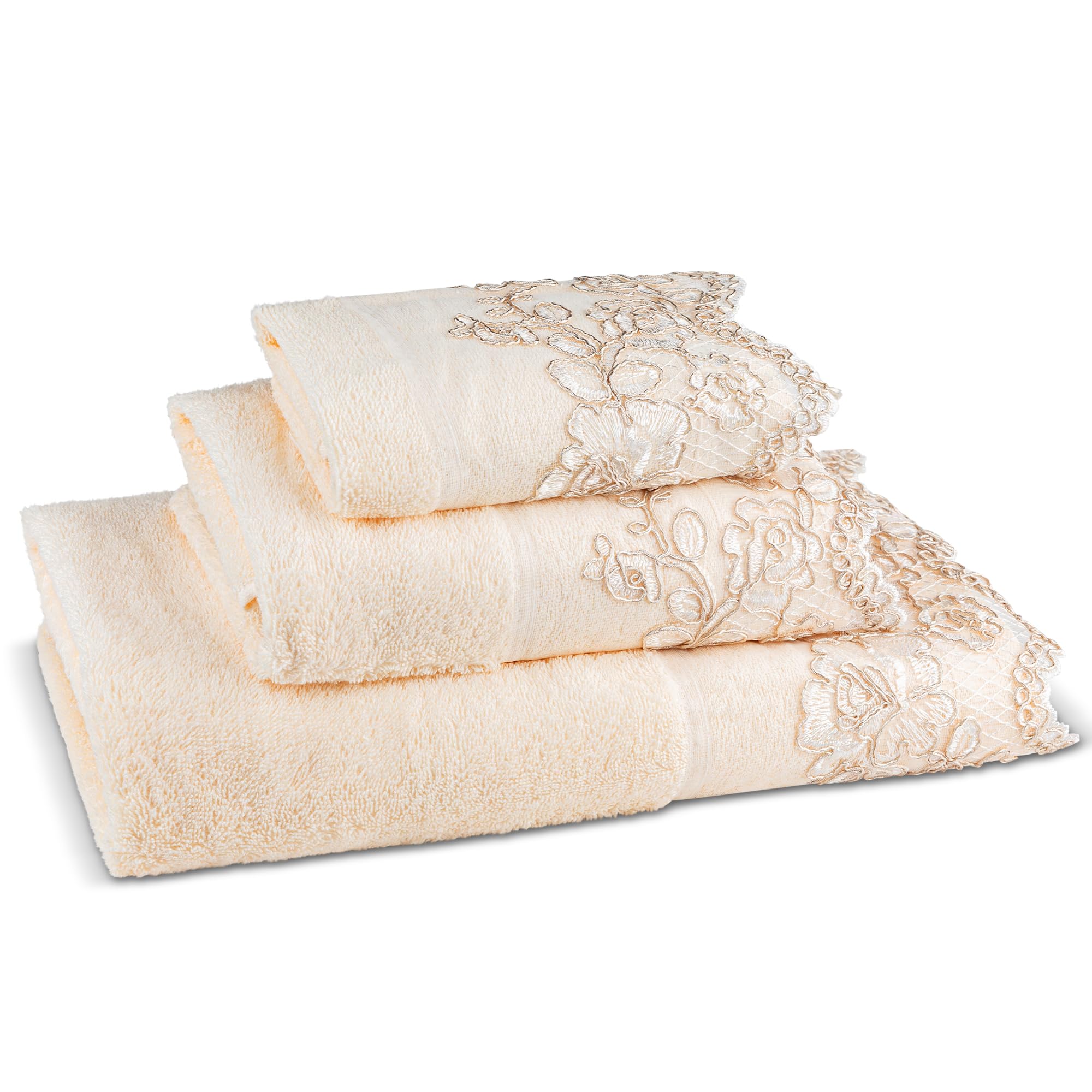Zahari Home Rose Vine 3-Piece Cotton Bath Towel Set | Beige Floral