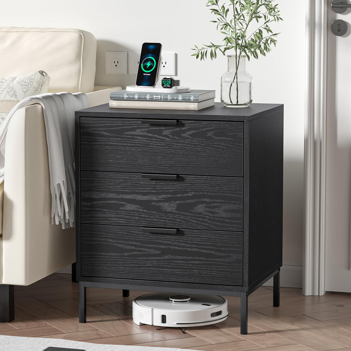 Skokliz Bedside Table with 3 Drawers, Black Nightstand for Bedroom, Wood Modern End Table for Living Room, Small Spaces, 50x40x60cm - image 4
