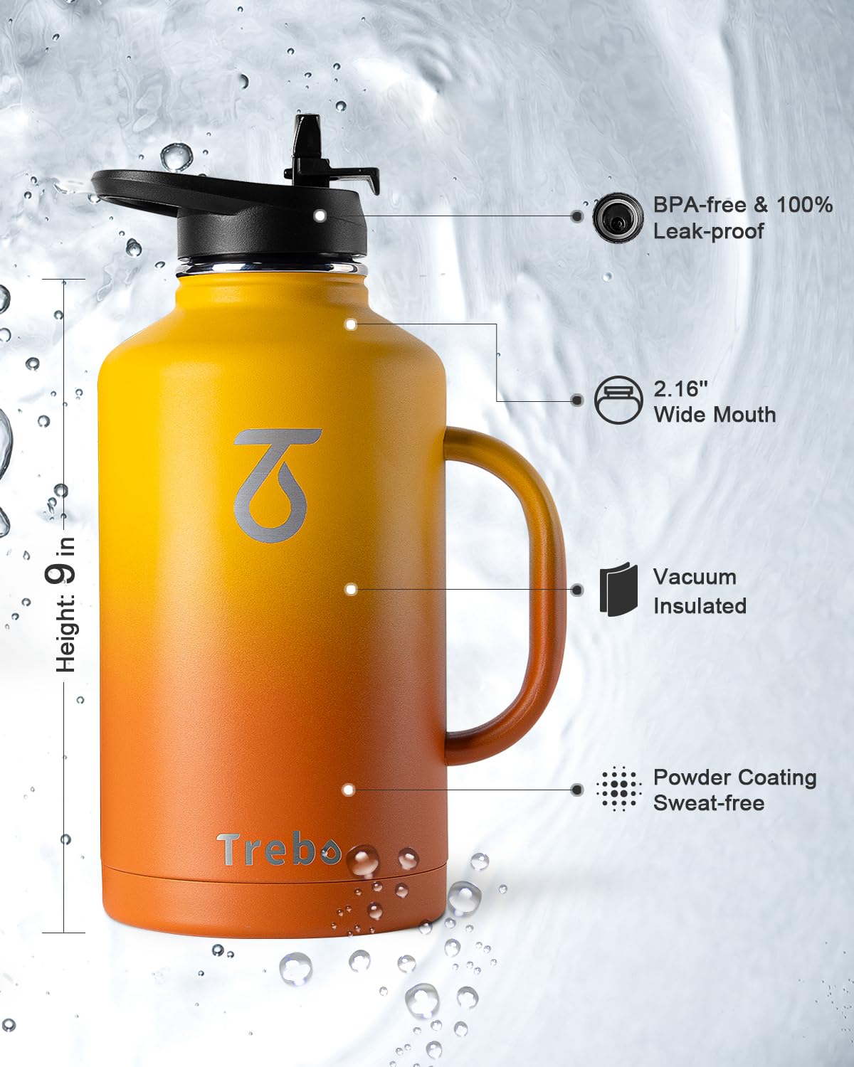 Trebo 2L Insulated Water Bottle | Stainless Steel Large Travel Flask