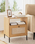 Rattan Bedside Table – Oak Boho Nightstand with Gold Legs
