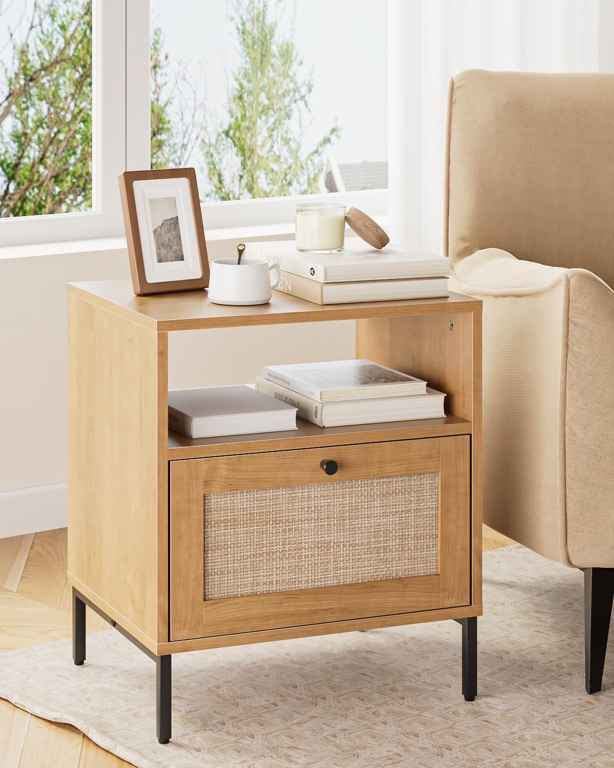 Rattan Bedside Table – Oak Boho Nightstand with Gold Legs