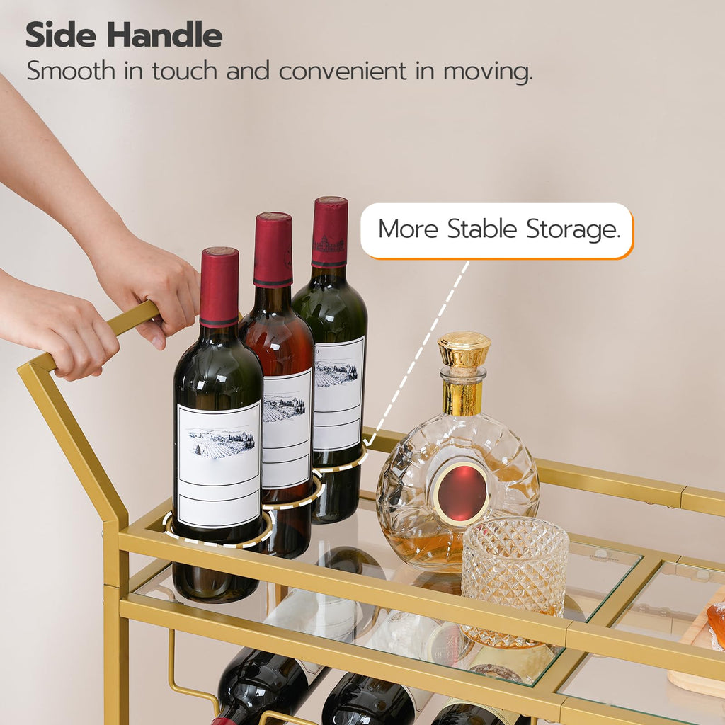 HOOBRO Gold Bar Cart – Mobile Drinks Trolley with Wine & Glass Rack
