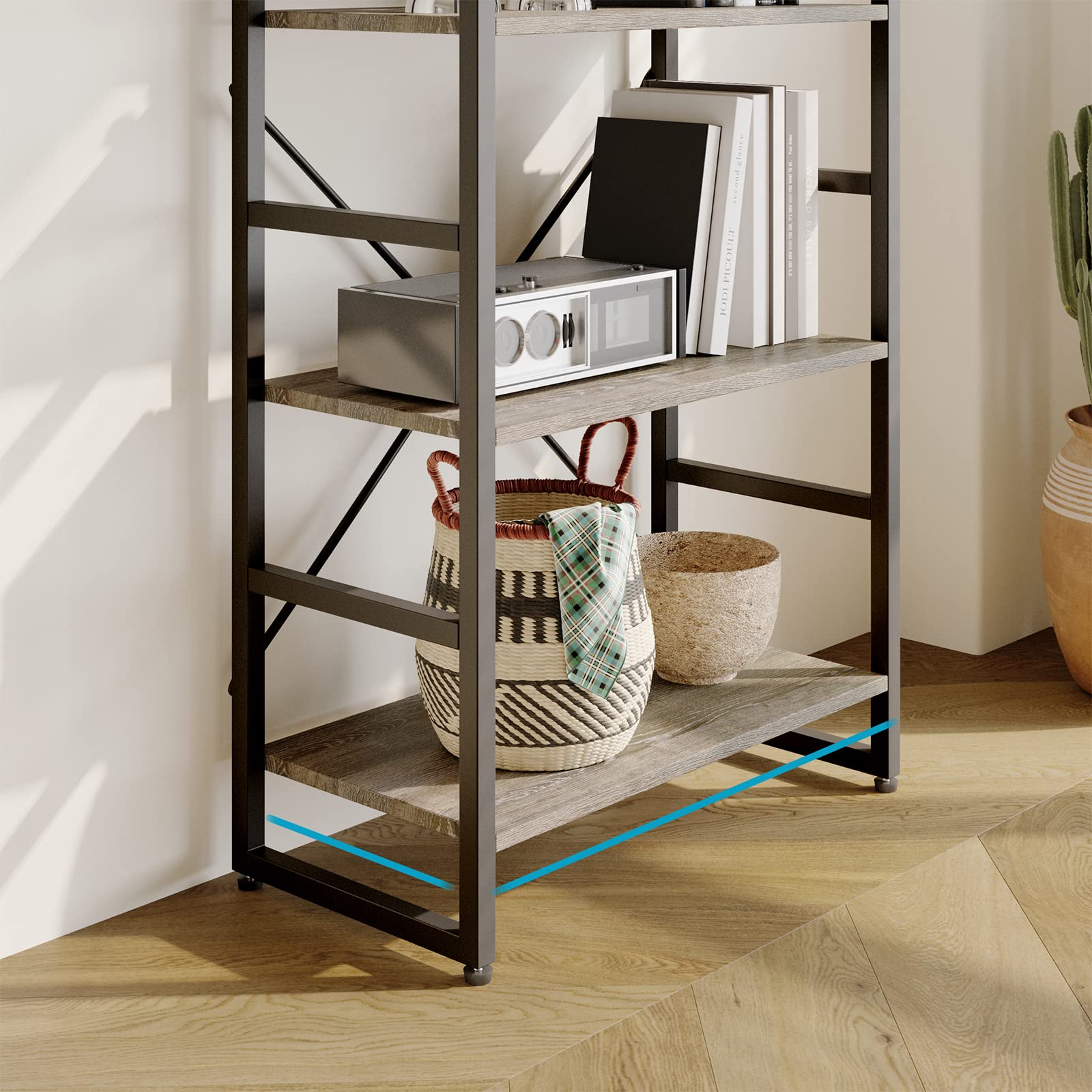 TREETALK 5-Tier Industrial Bookshelf – Grey Standing Storage Rack