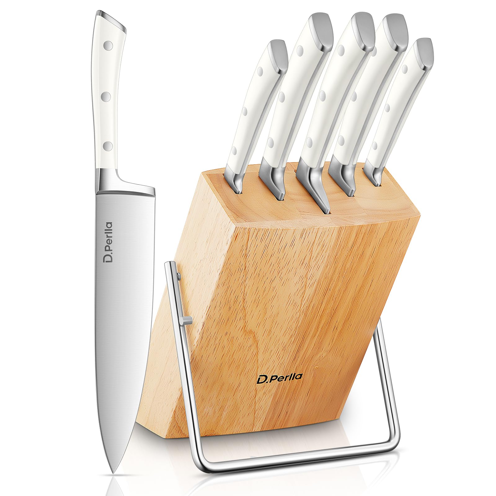 D.Perlla 6-Piece German Stainless Steel Kitchen Knife Set with Block, White