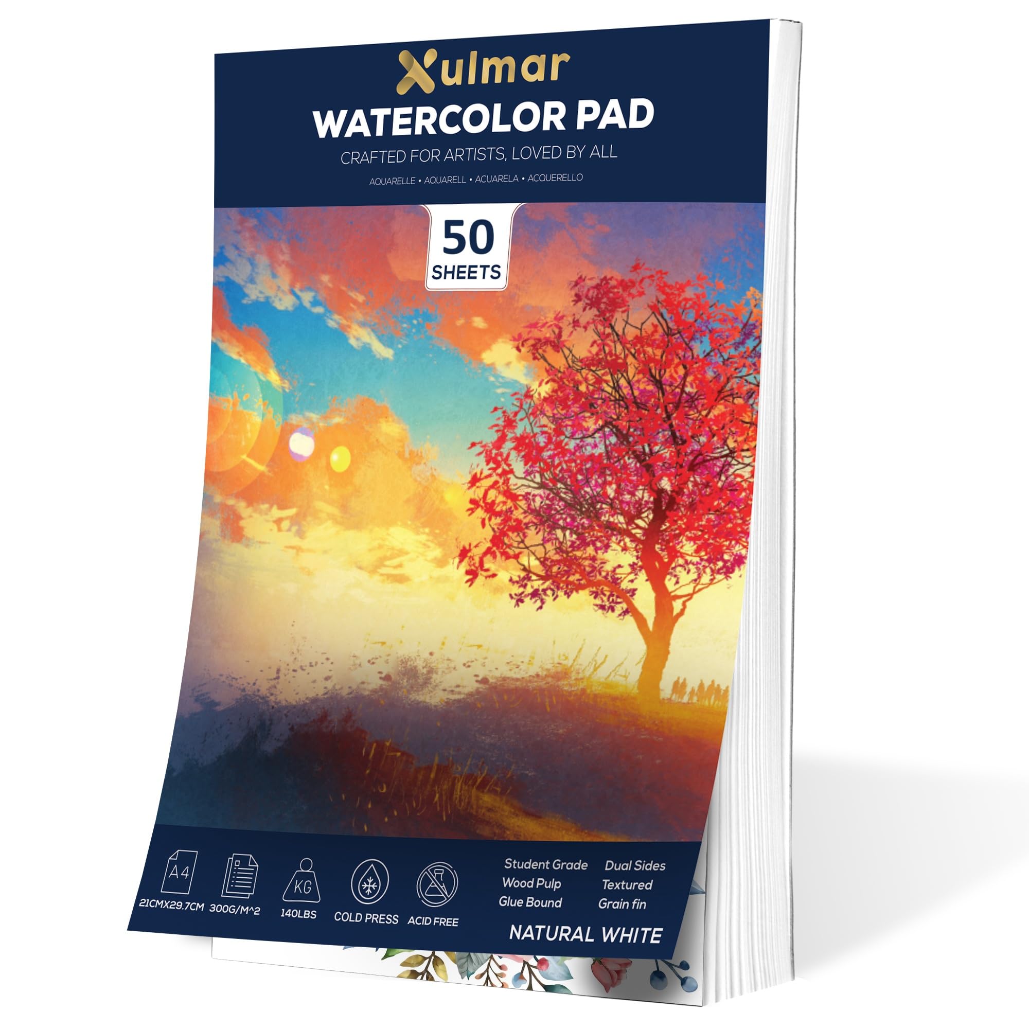 Xulmar Watercolour Paper Pad A4 - 300 GSM Cold-Pressed, 50 Sheets