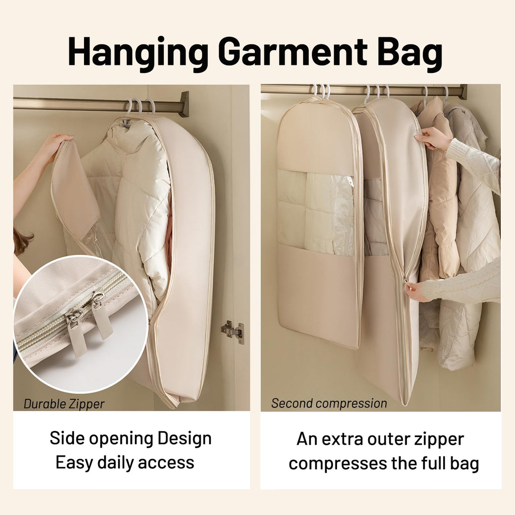 Space Saving Hanging Compression Garment Bag with Zipper for Closet Storage, Hanging Clothes Storage Bag, Garment Covers for Coats and Down Jackets