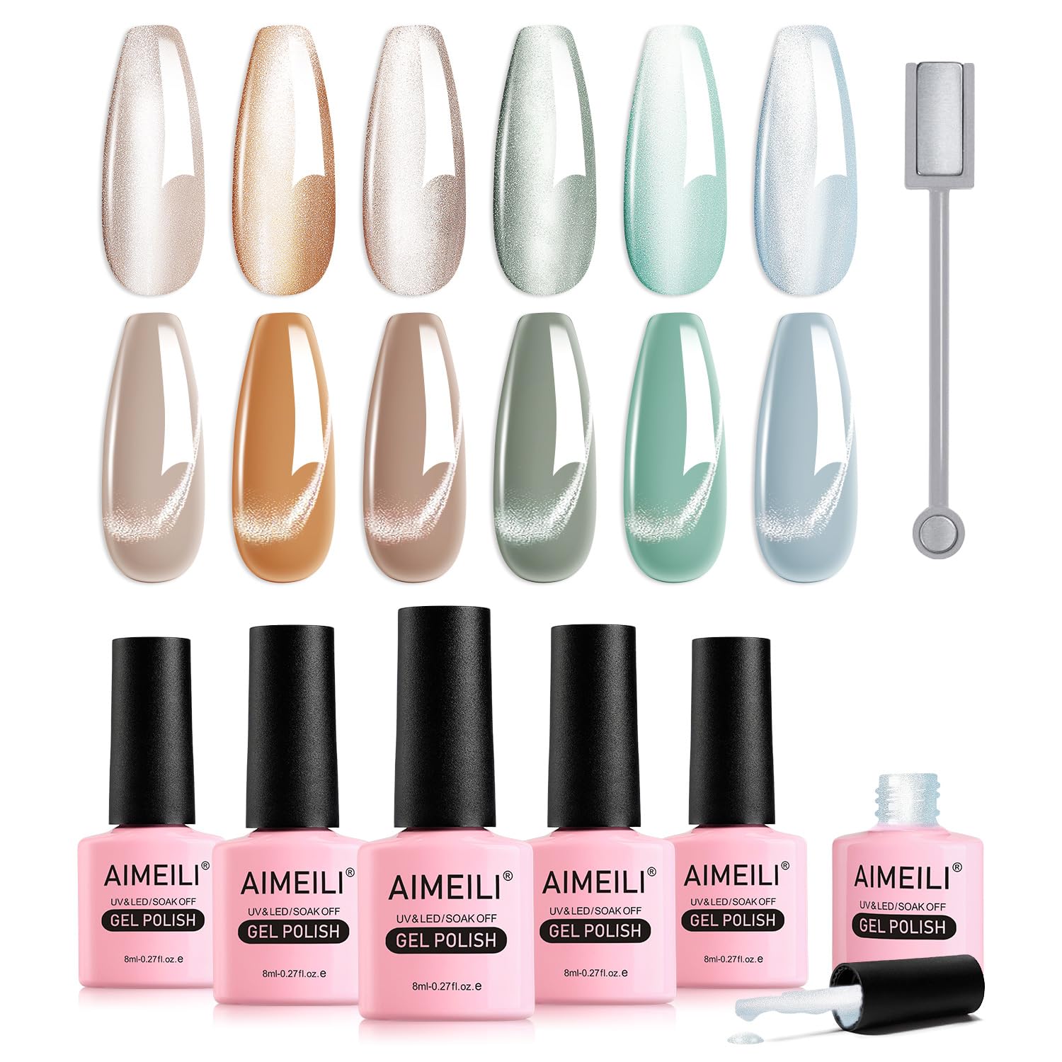 AIMEILI 6pcs Magnetic Cat Eye Gel Nail Polish Set | Hema-Free UV LED Kit