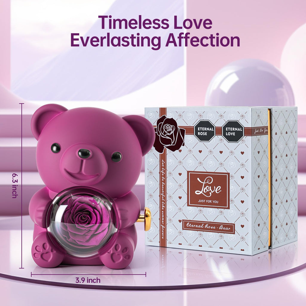Ariceleo Purple Teddy Bear with Preserved Rose and Heart Necklace