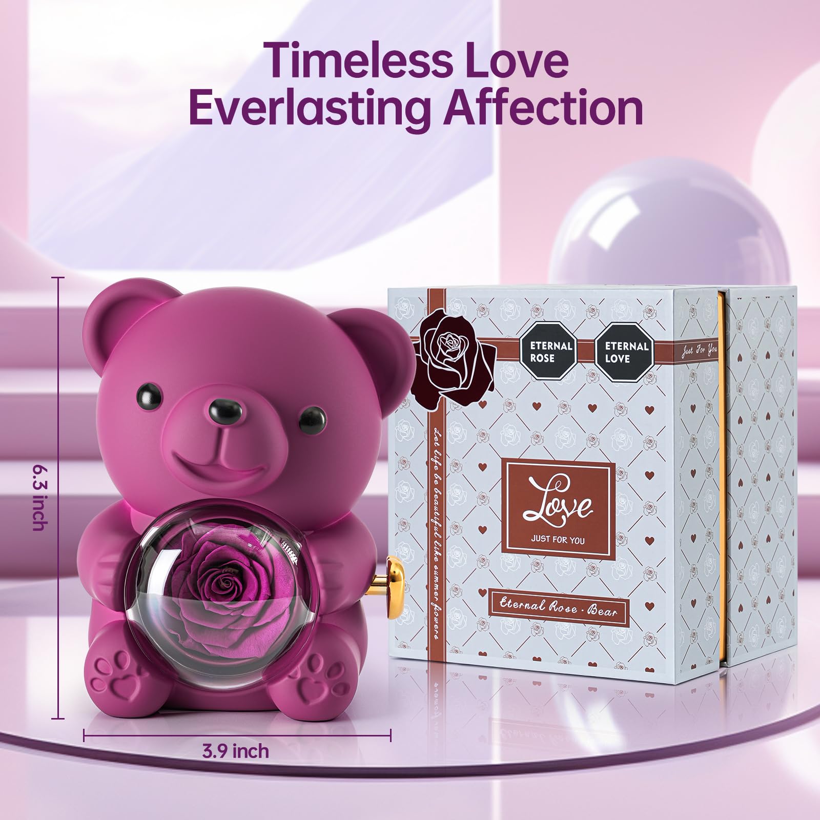 Ariceleo Purple Teddy Bear with Preserved Rose and Heart Necklace