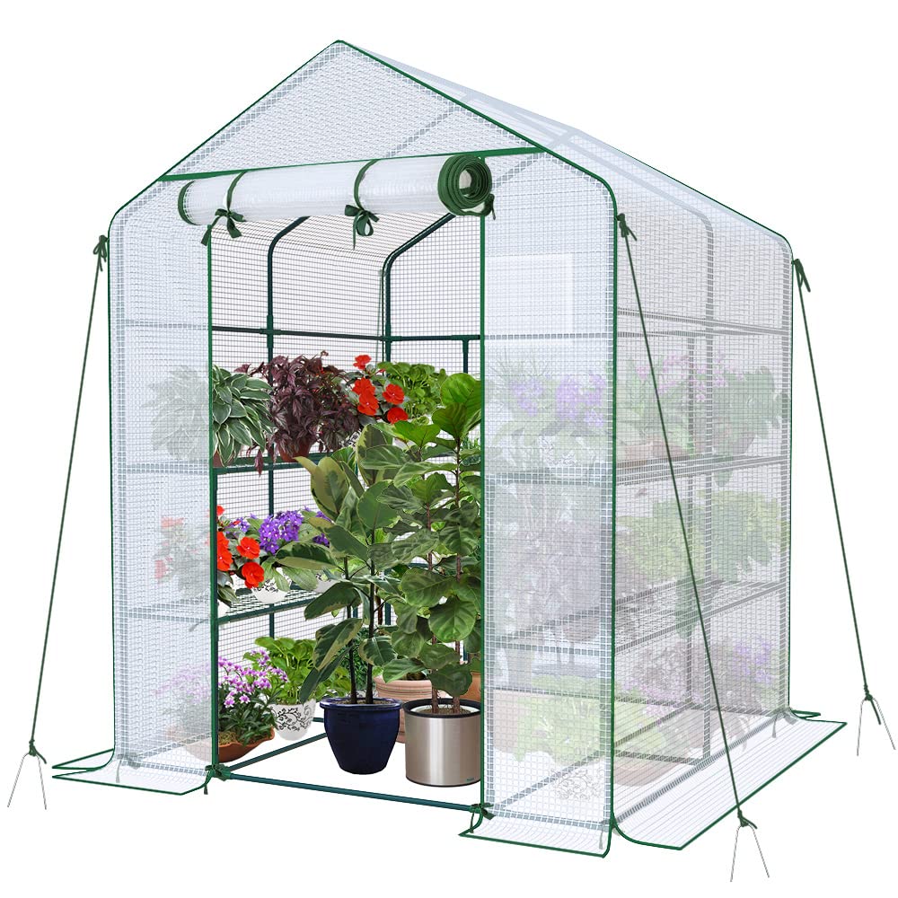 VOUNOT Walk-In Greenhouse with 8 Shelves | White PE Grow House – 143x195cm