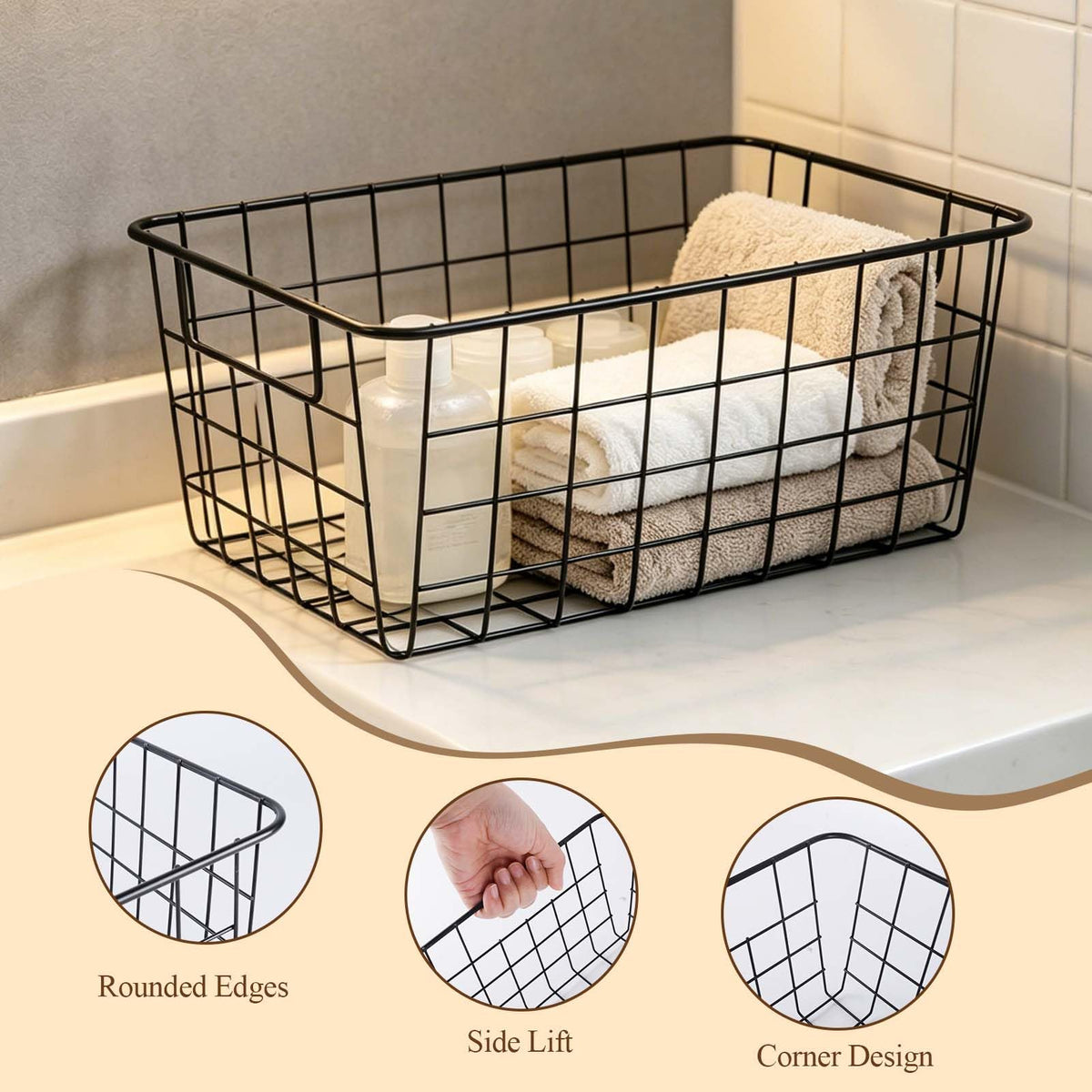 2 Metal Wire Storage Basket with Handles for Kitchen Cabinet Bedroom Bathroom Heavy Duty Rust Resistant Mesh Design Ideal for Organizing Household - image 3