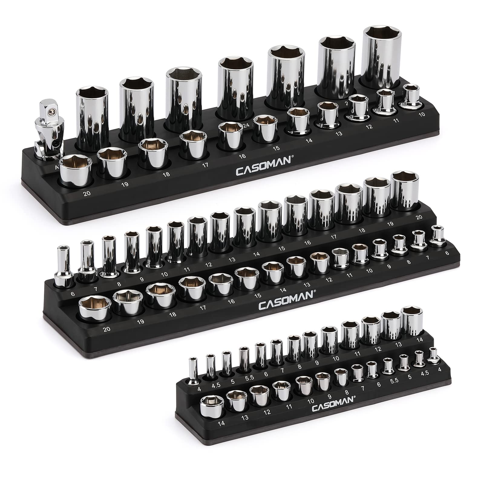 CASOMAN 3-Piece Magnetic Socket Organizer Set - 75 Metric Socket Holders