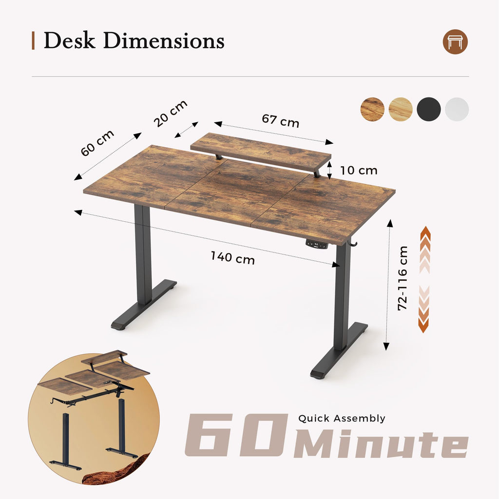 Klicelor Eletric Height Adjustable Desk, Movable Monitorstand, 140x60cm - image 2