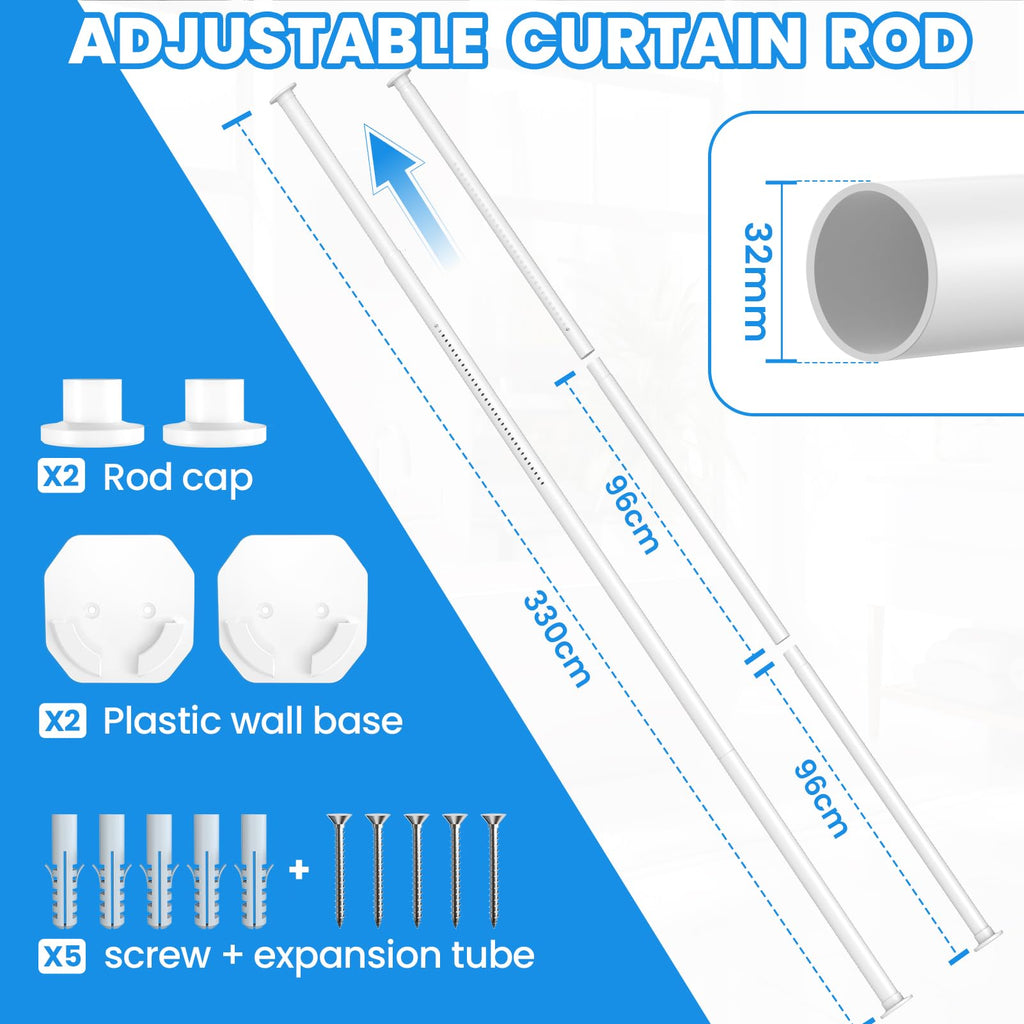 Extendable Φ32mm Curtain Poles 98-330cm Tension Rods with 2 Wall Base - image 2