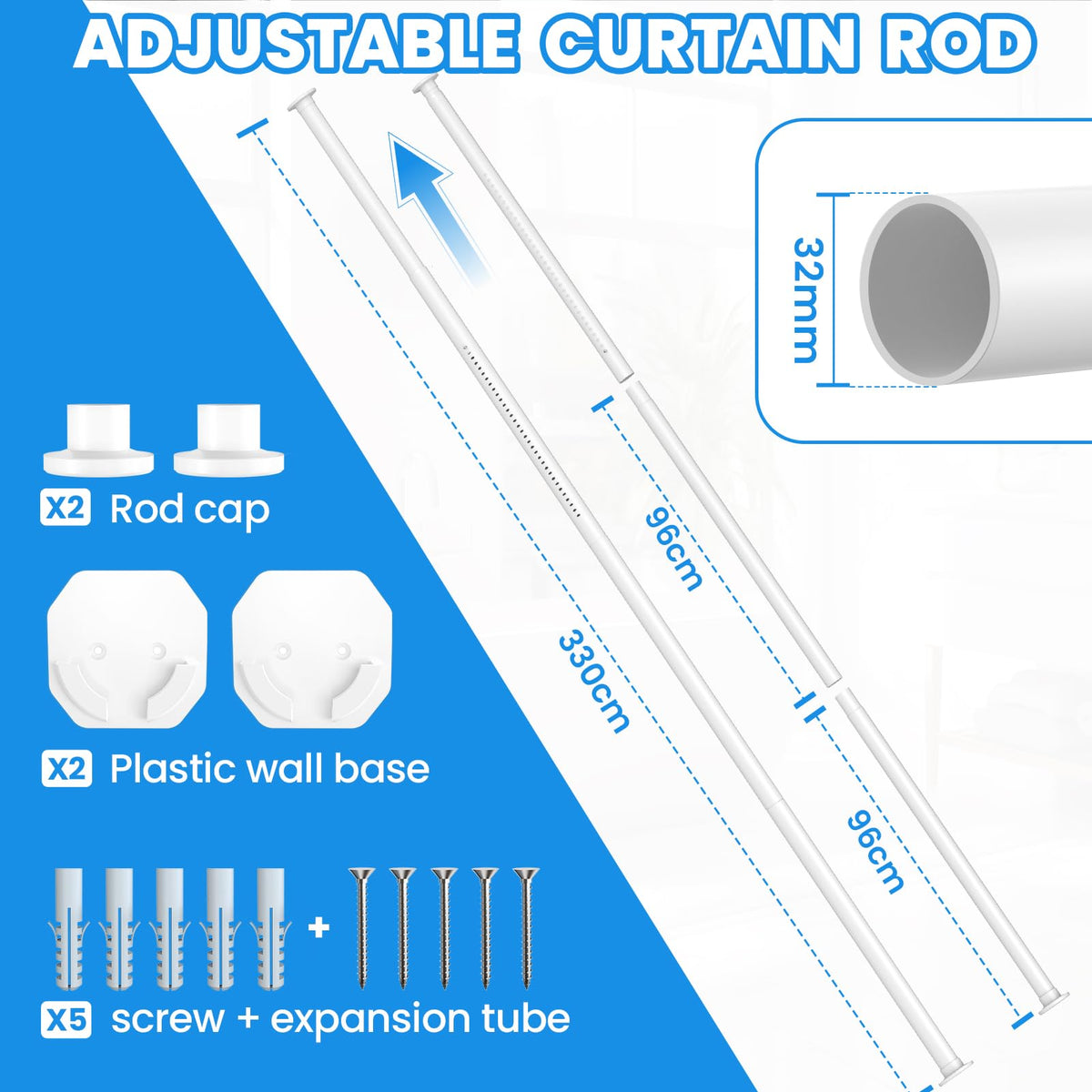 Extendable Φ32mm Curtain Poles 98-330cm Tension Rods with 2 Wall Base - image 2