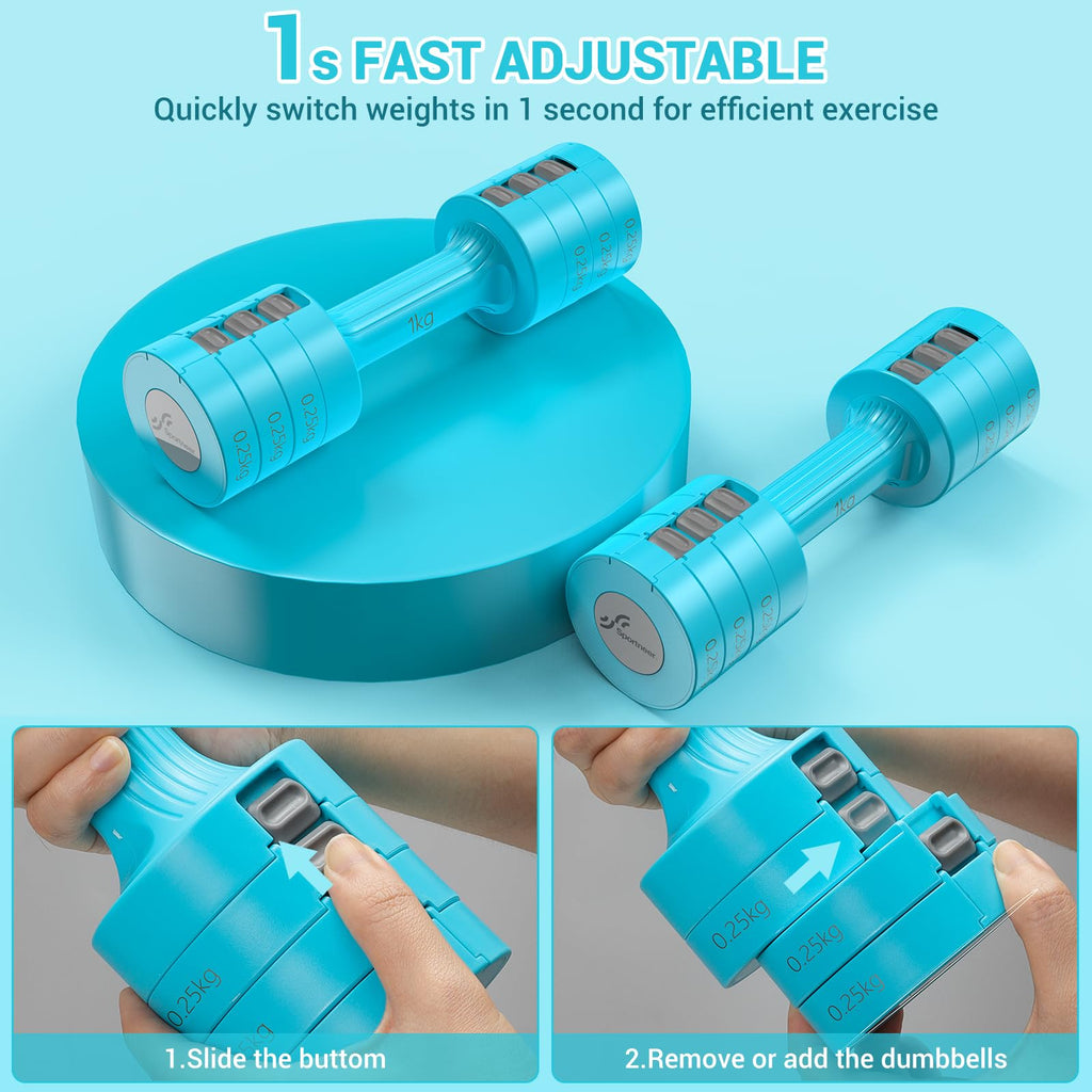 Sportneer Adjustable Dumbbells Set | 2kg-5kg Pair for Women | Sky Blue