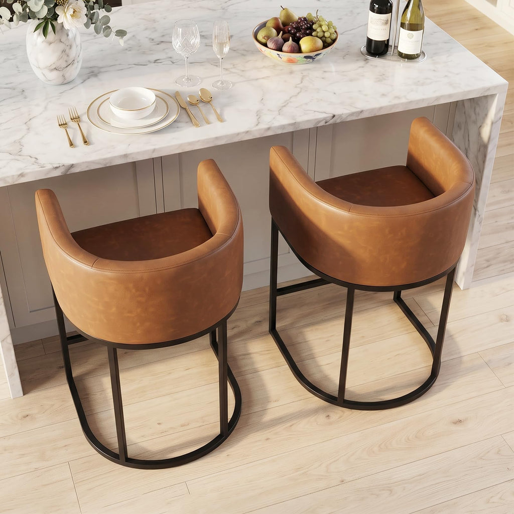 KRAMZMING Counter Height Bar Stools Set of 2, 24 Inch Faux Leather, Brown - image 1