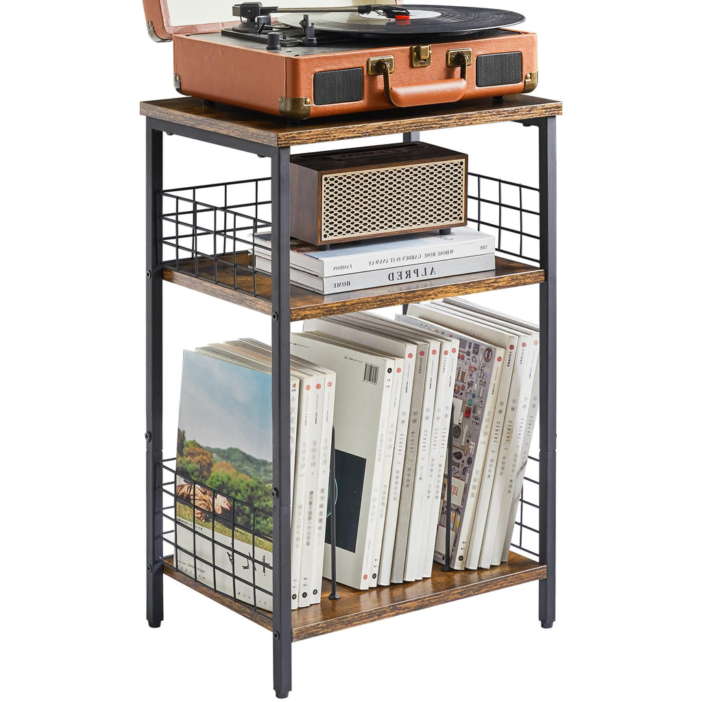 YMYNY 3-Tier Record Player Stand | Industrial Side Table - Rustic Brown