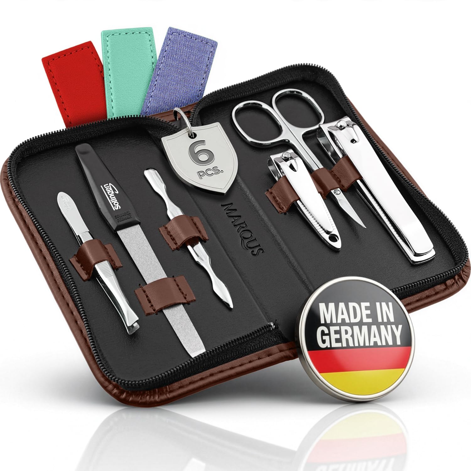 Solingen 6-Piece Manicure Set | Stainless Steel Nail Grooming Kit, Brown