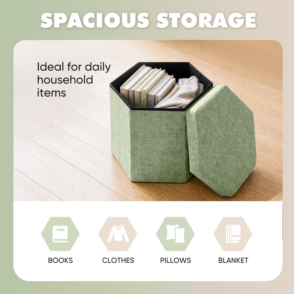 Bonlife Folding Storage Ottoman Hexagonal, Footrest with Toy Ches Box, 43cm - image 3