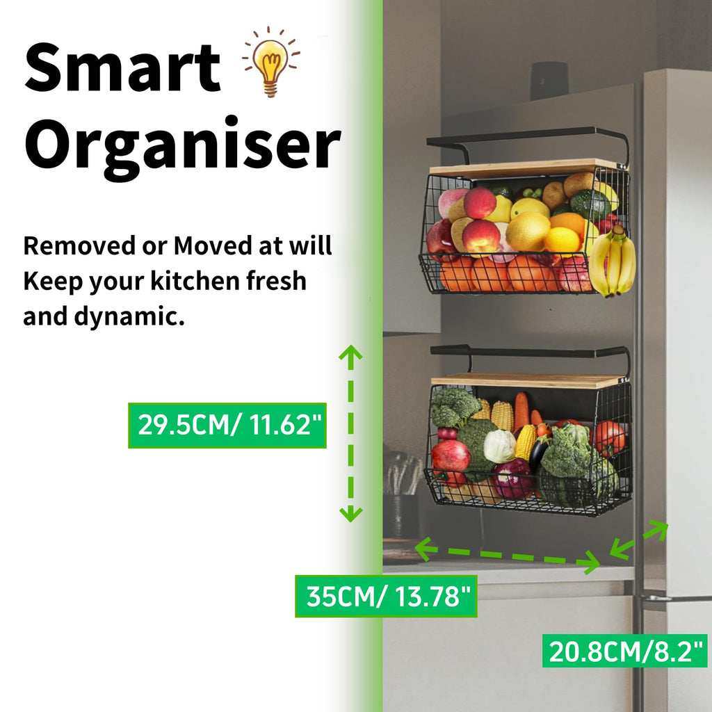 OMISHINE Magnetic Spice Rack & Fruit Basket Set – 2 Tier Metal Kitchen Storage