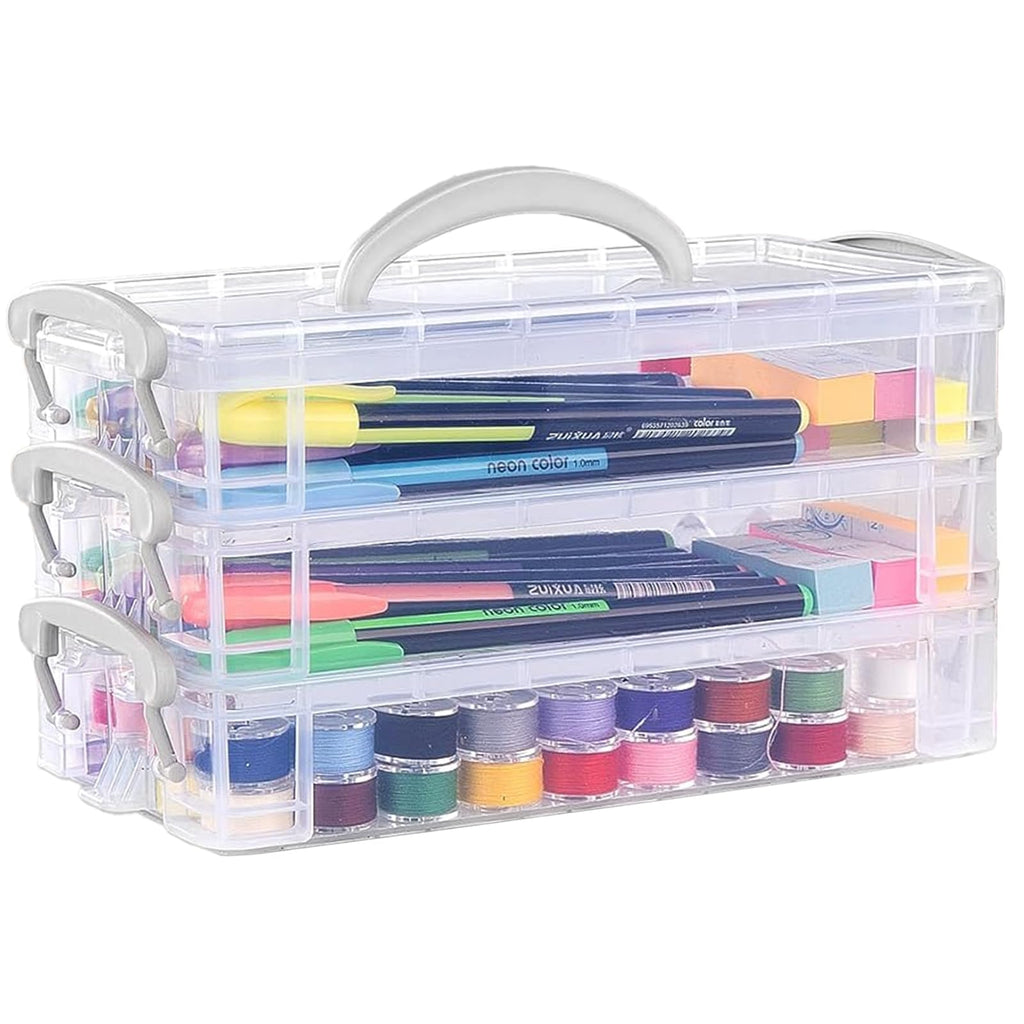 DARUITE Pencil Case with Lid, 3 Tier Plastic Pencil Box with Handle