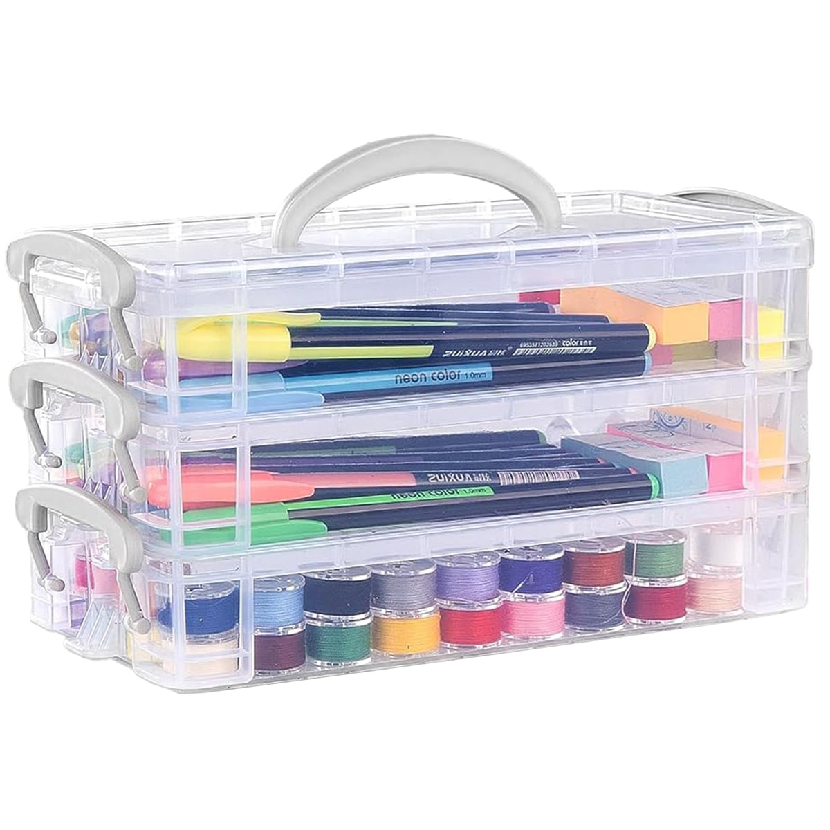 DARUITE Pencil Case with Lid, 3 Tier Plastic Pencil Box with Handle