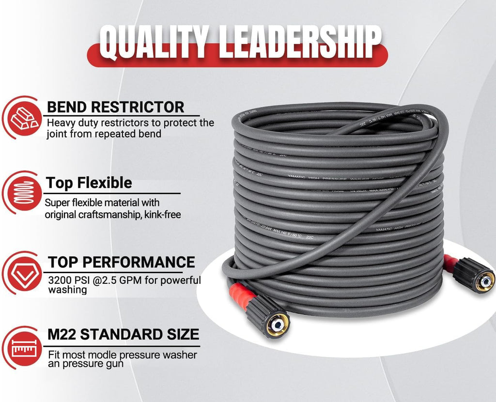 YAMATIC Pressure Washer Hose | 50FT 1/4" Kink Resistant 3200 PSI