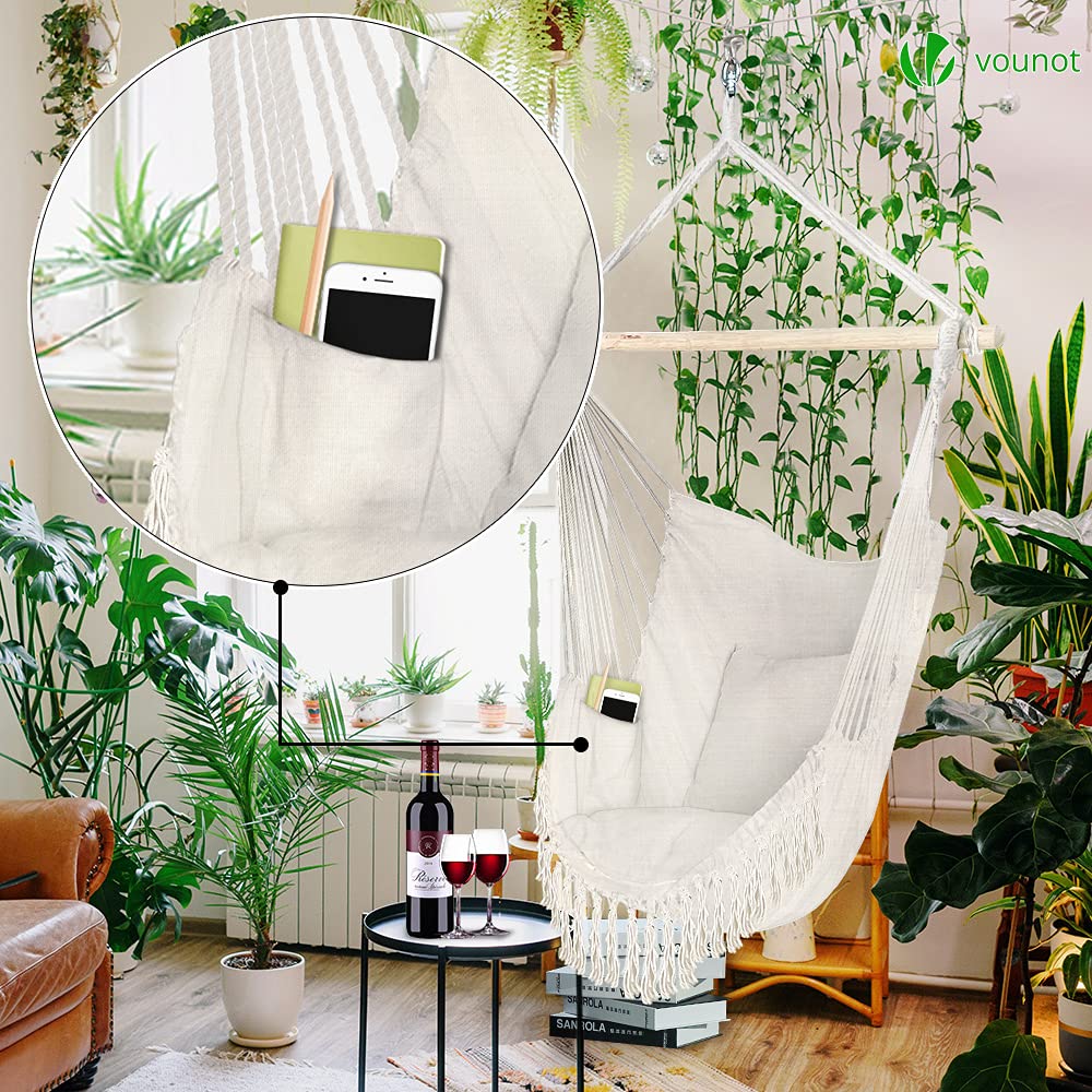 VOUNOT Macrame Hanging Hammock Swing Chair with Cushion - Beige