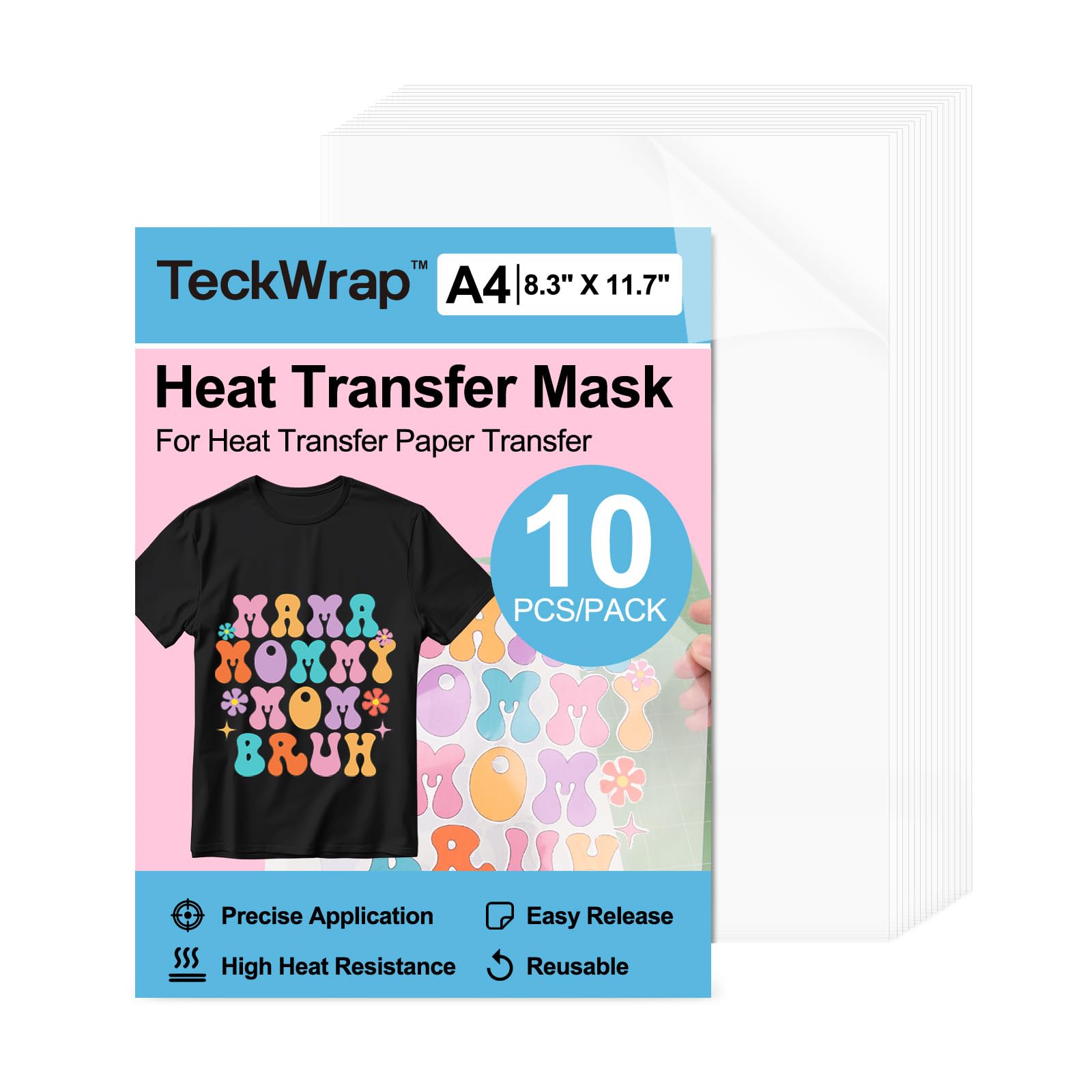 TECKWRAP Heat Transfer Mask for HTV - Clear Masking Film A4, 10 Sheets