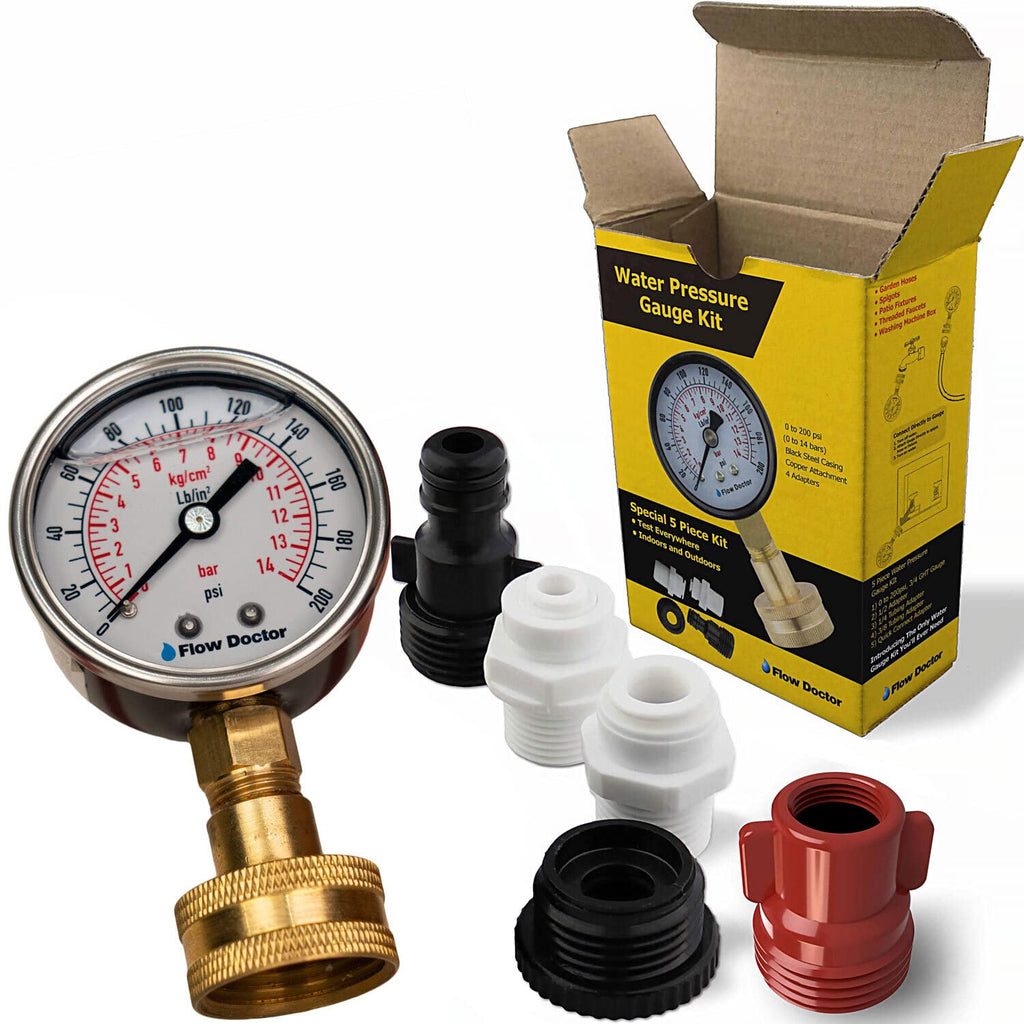 Flow Doctor Water Pressure Gauge Kit | 0-200 PSI Glycerin Filled 6-Piece Set