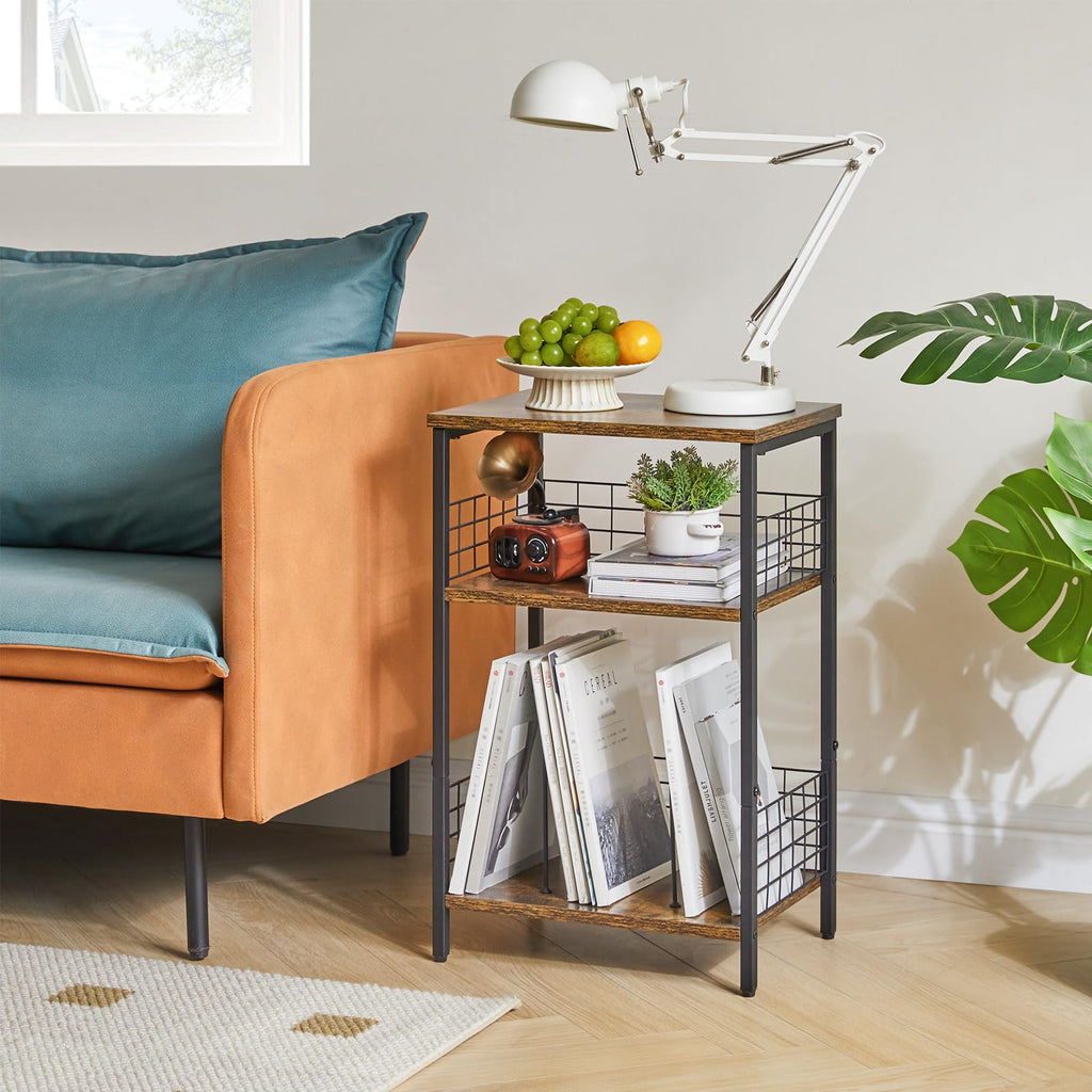 YMYNY 3-Tier Record Player Stand | Industrial Side Table - Rustic Brown