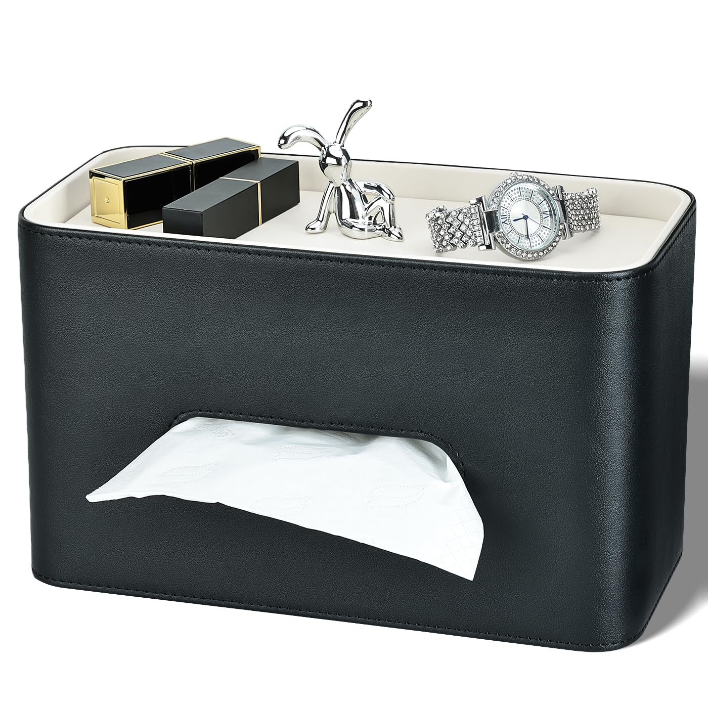 GORESE PU Leather Tissue Box Holder with Storage Tray and Phone Holder