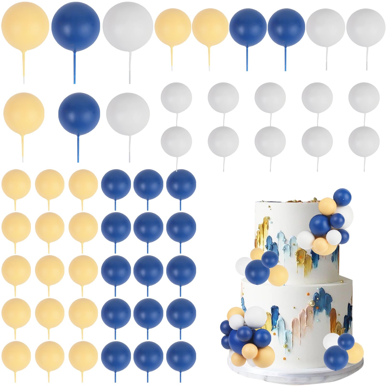 Jolof Store 52 Pcs Ball Cake Toppers – Blue Yellow White Dessert Picks