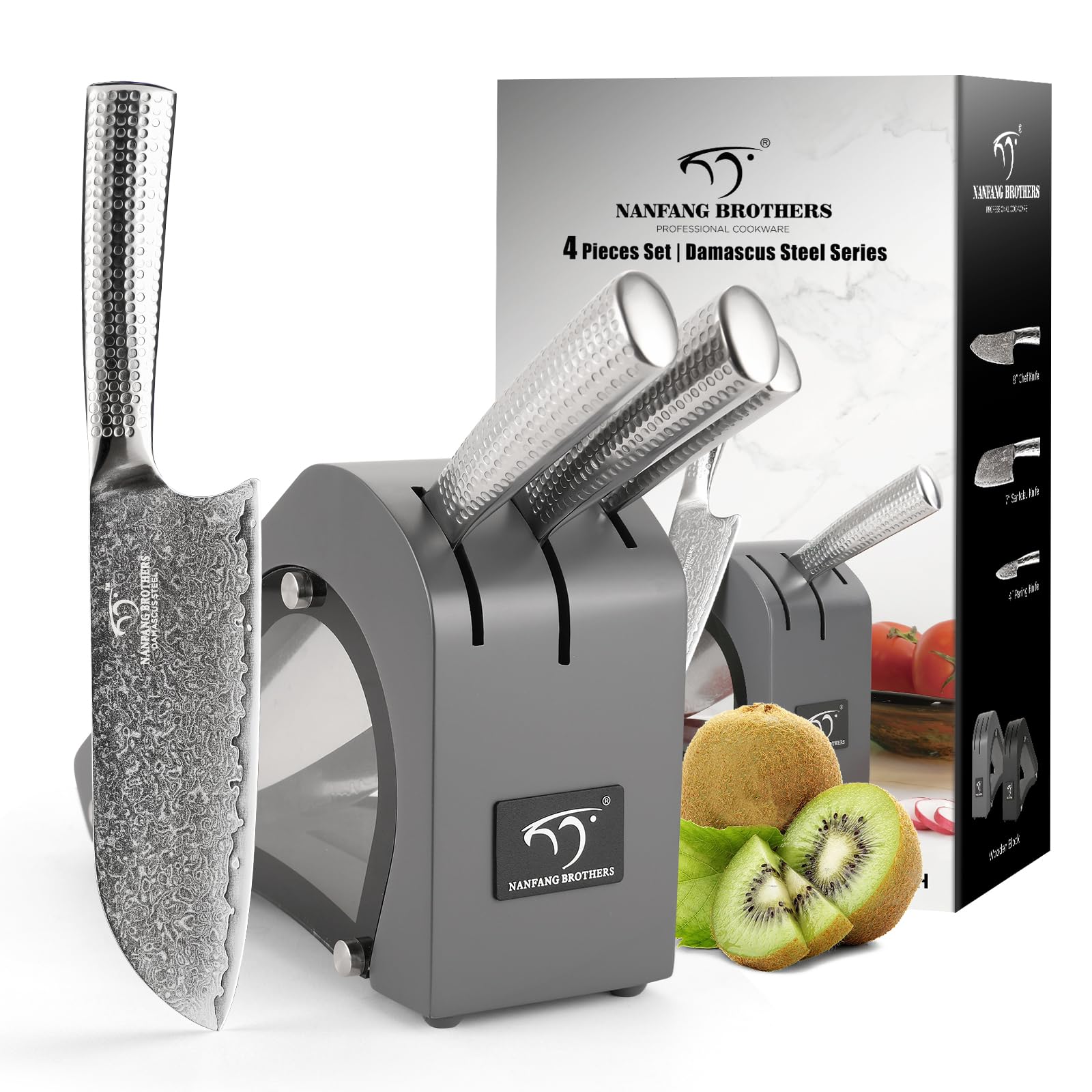 Nanfang Brothers Damascus Kitchen Knife Set - 4-Piece Grey Chef Knives