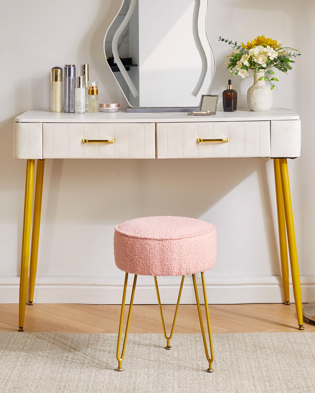IBUYKE Makeup Vanity Stool Chair, Teddy Velvet Footrest, Pink WBD009P - image 3