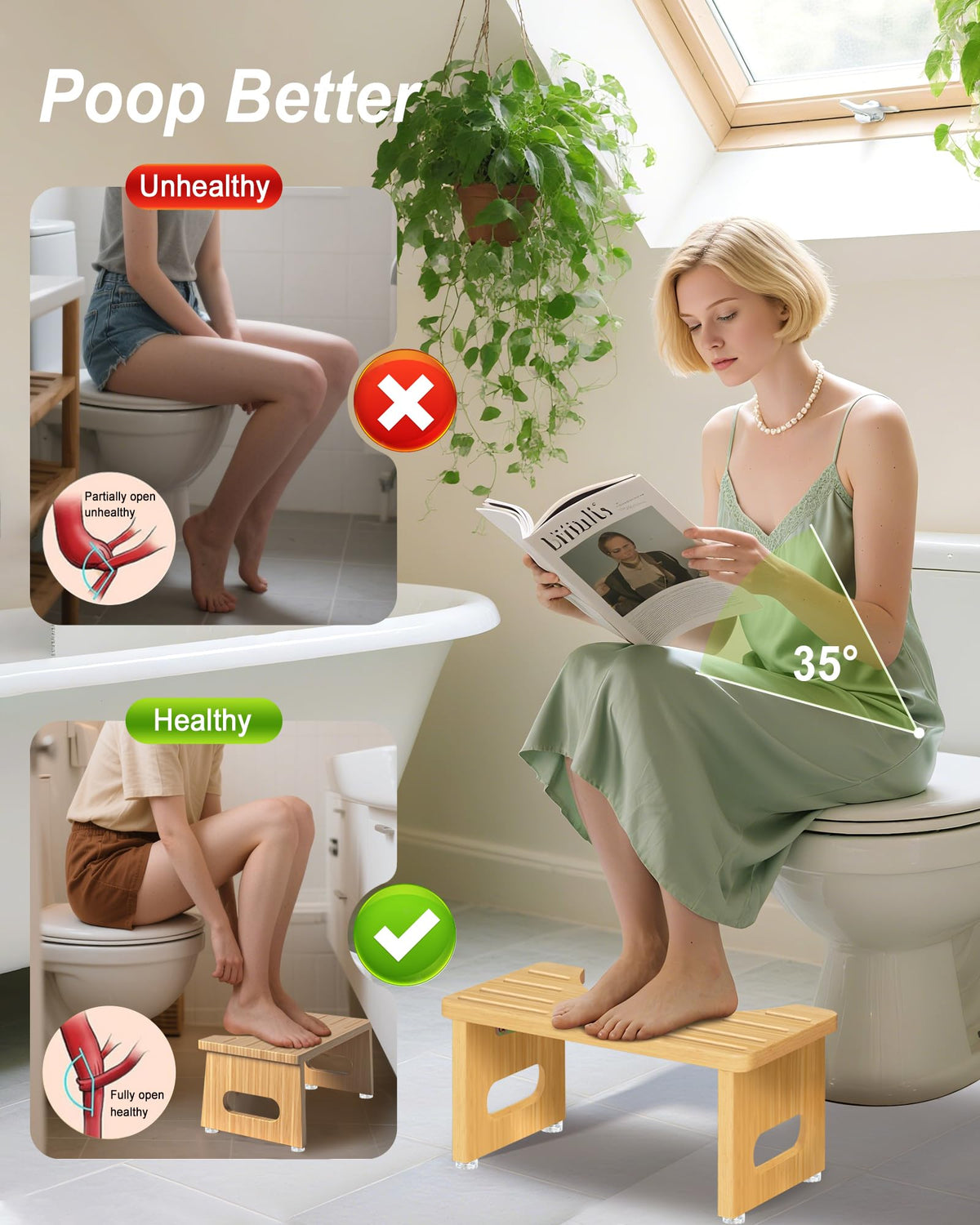 Foldable Toilet Stools, 17.8 CM Wooden Toilet Stool with Anti-Slip Feet, Space Saving, 35° Durable C Shaped Stool Yellow
