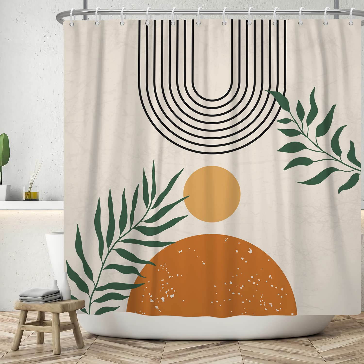 ASDCXZ Boho Shower Curtain | Abstract Green Leaves & Sun | 180x180cm