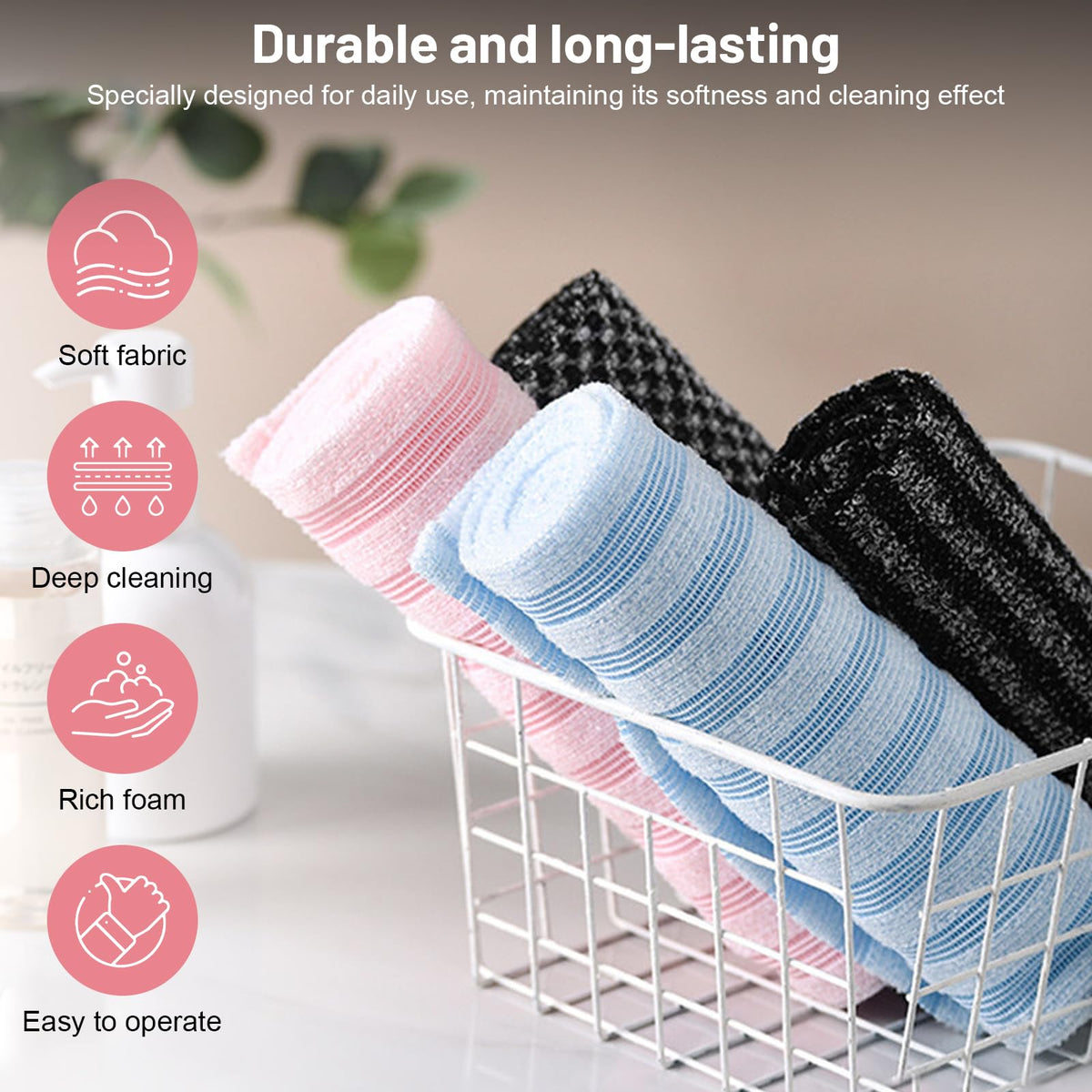VLUVLA Exfoliating Antibacterial Shower Towel, Japanese Exfoliating Shower Towel, Back Exfoliator, Double-Sided Washcloth - image 3