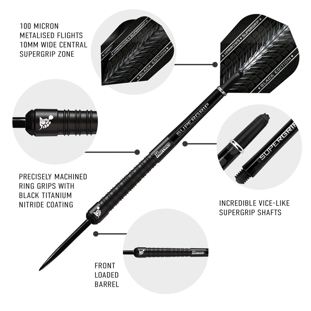 Harrows Supergrip Black Edition 90% Tungsten Steel Tip Darts Set